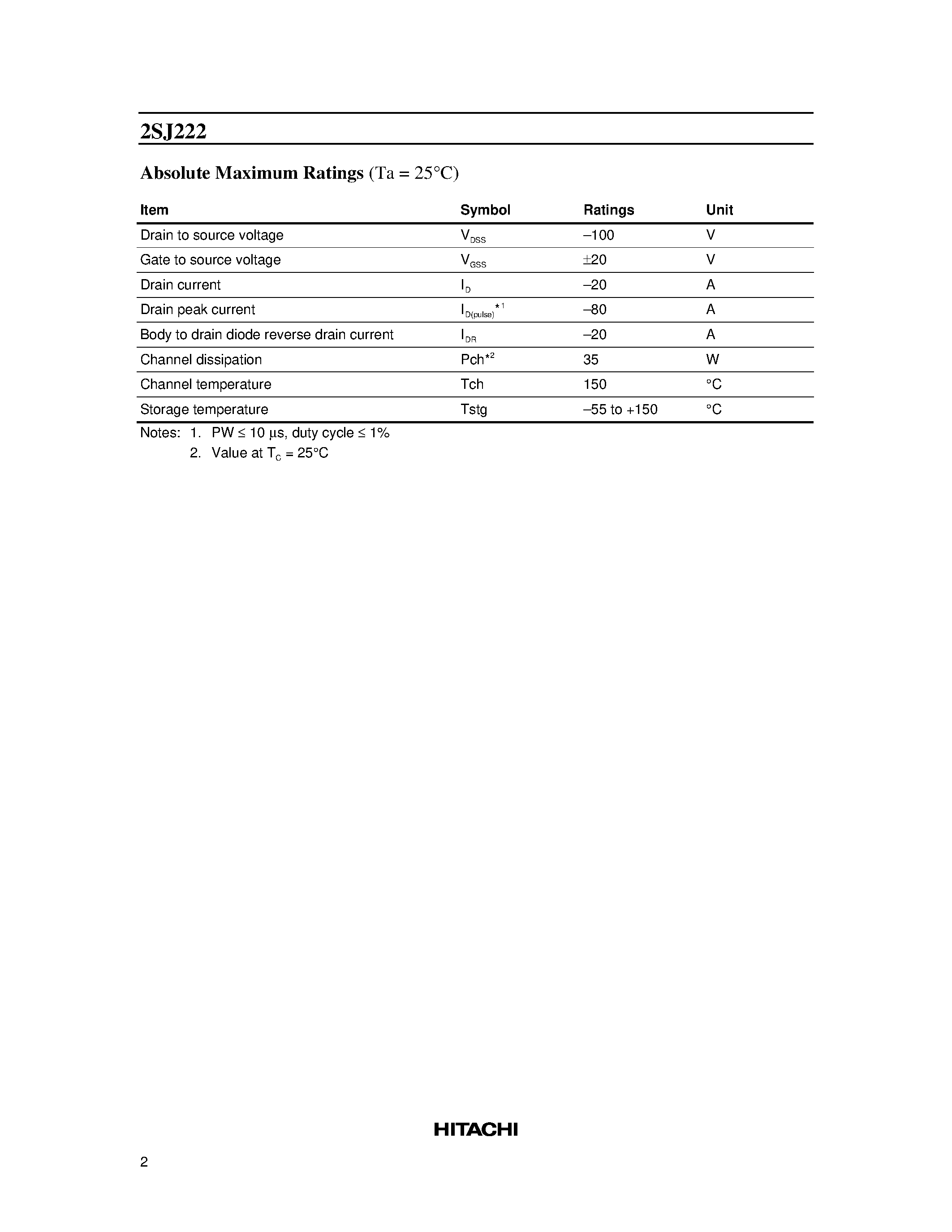 Datasheet 2SJ222 - Silicon P-Channel MOS FET page 2