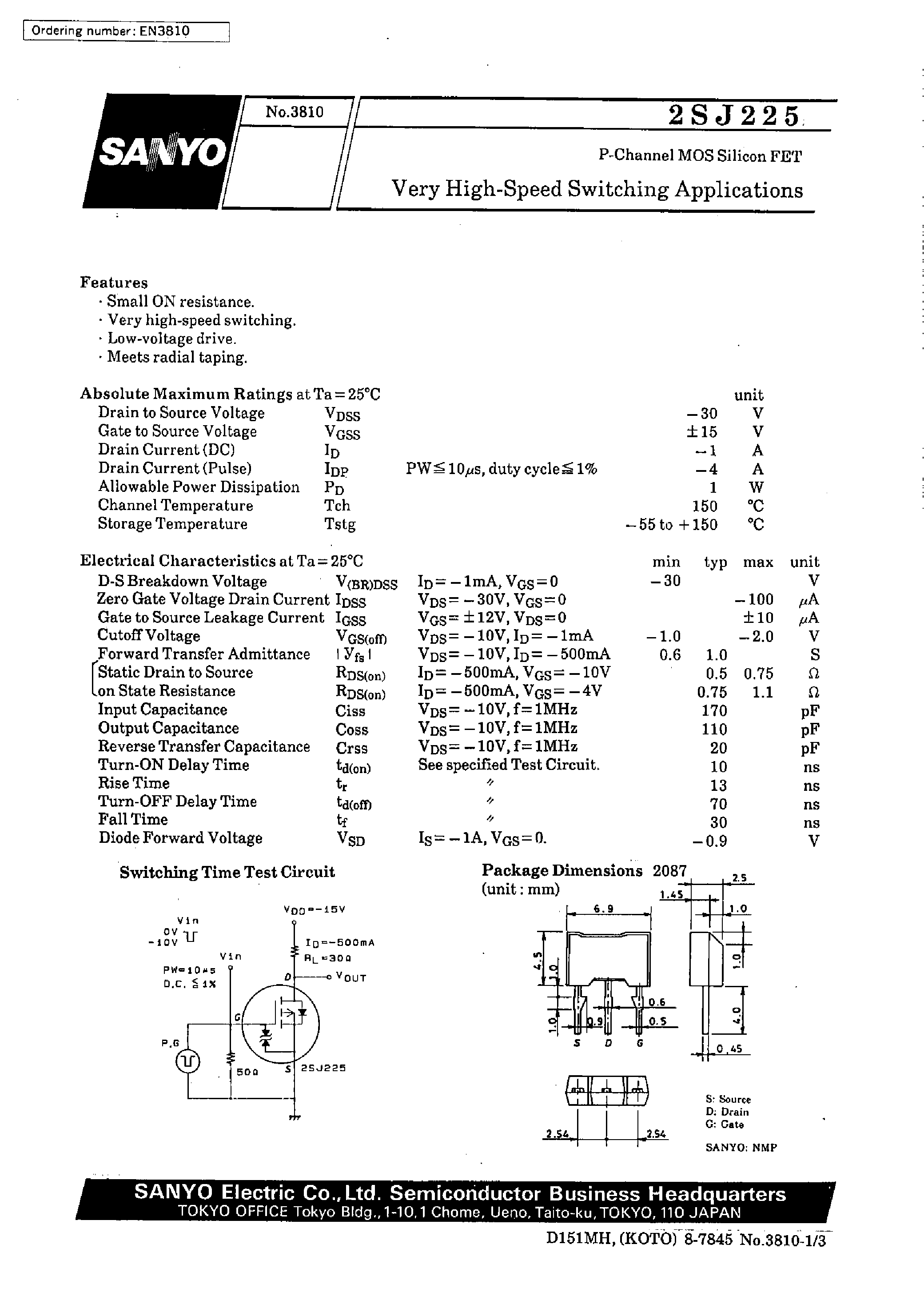Даташит 2SJ225 - Very High-Speed Switching Applications страница 1