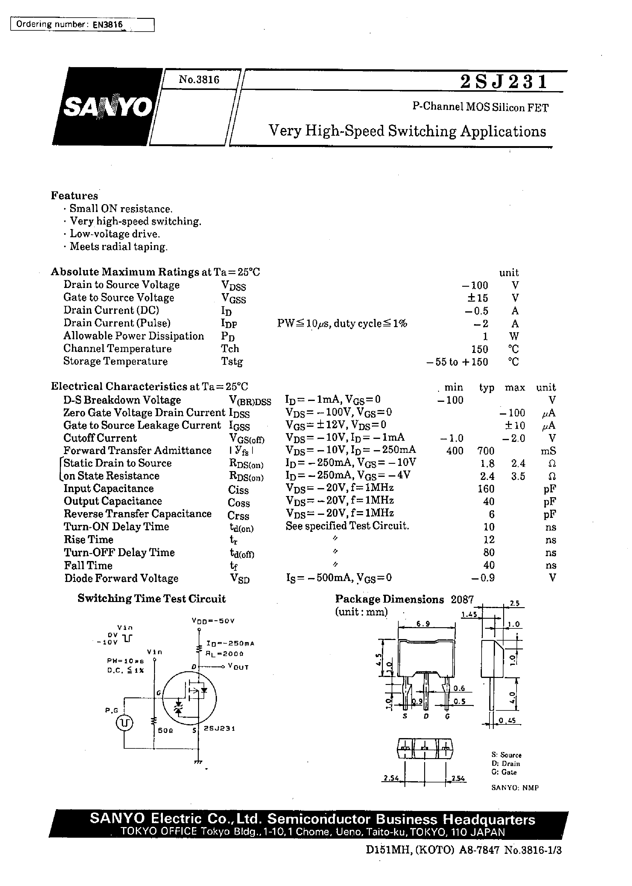 Даташит на микросхему 2SJ231 страница 1 Даташит 2SJ231 - Very High-Speed Switching Applications страница 1