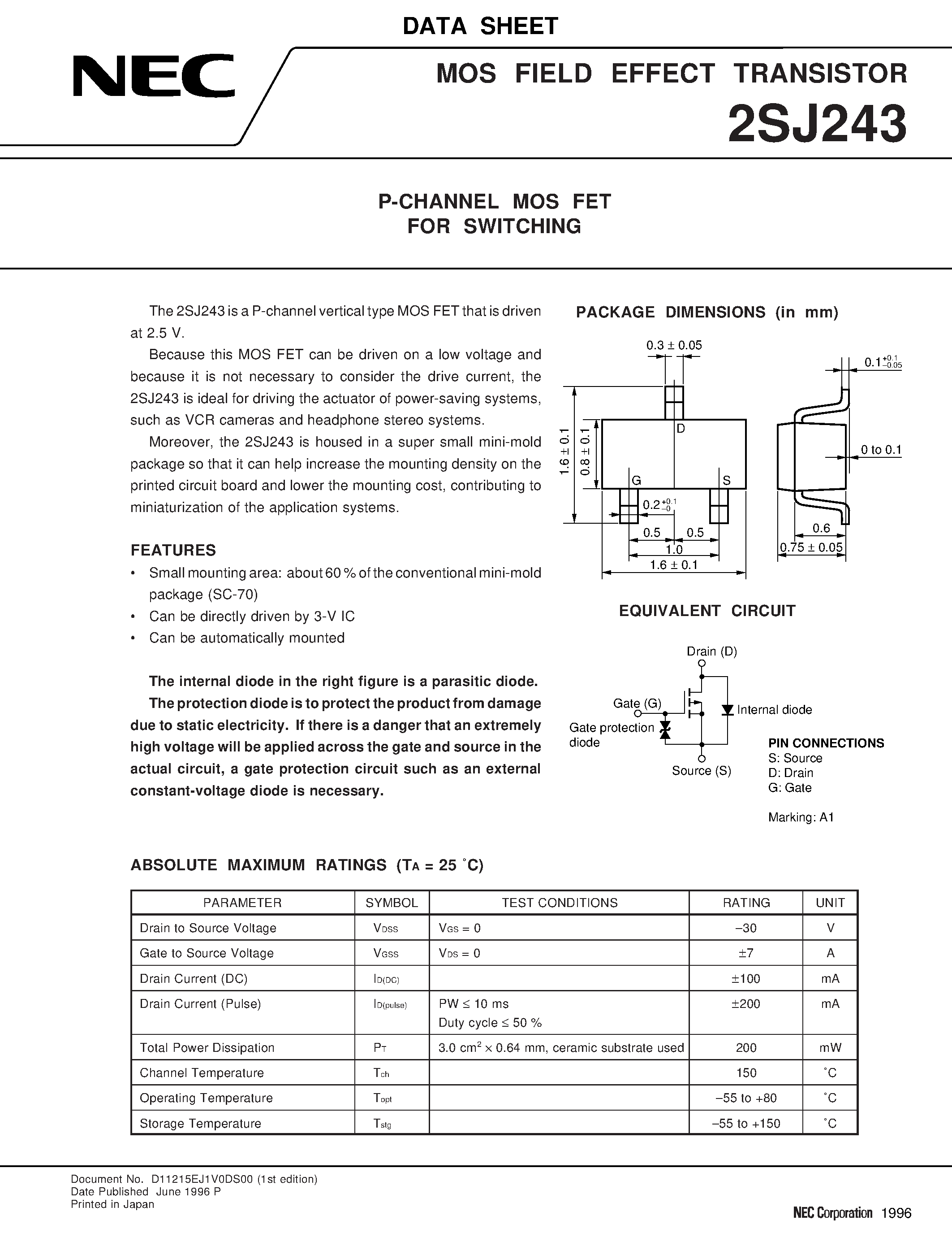 Datasheet 2SJ243 - P-CHANNEL MOS FET FOR SWITCHING page 1