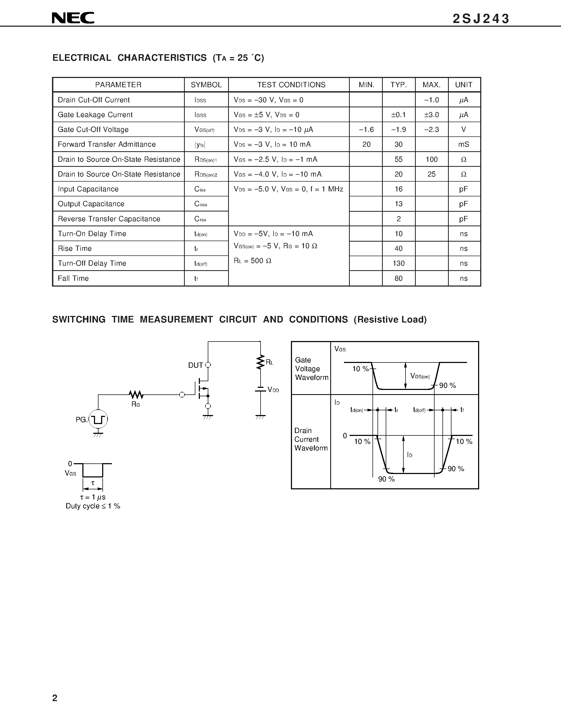 Datasheet 2SJ243 - P-CHANNEL MOS FET FOR SWITCHING page 2