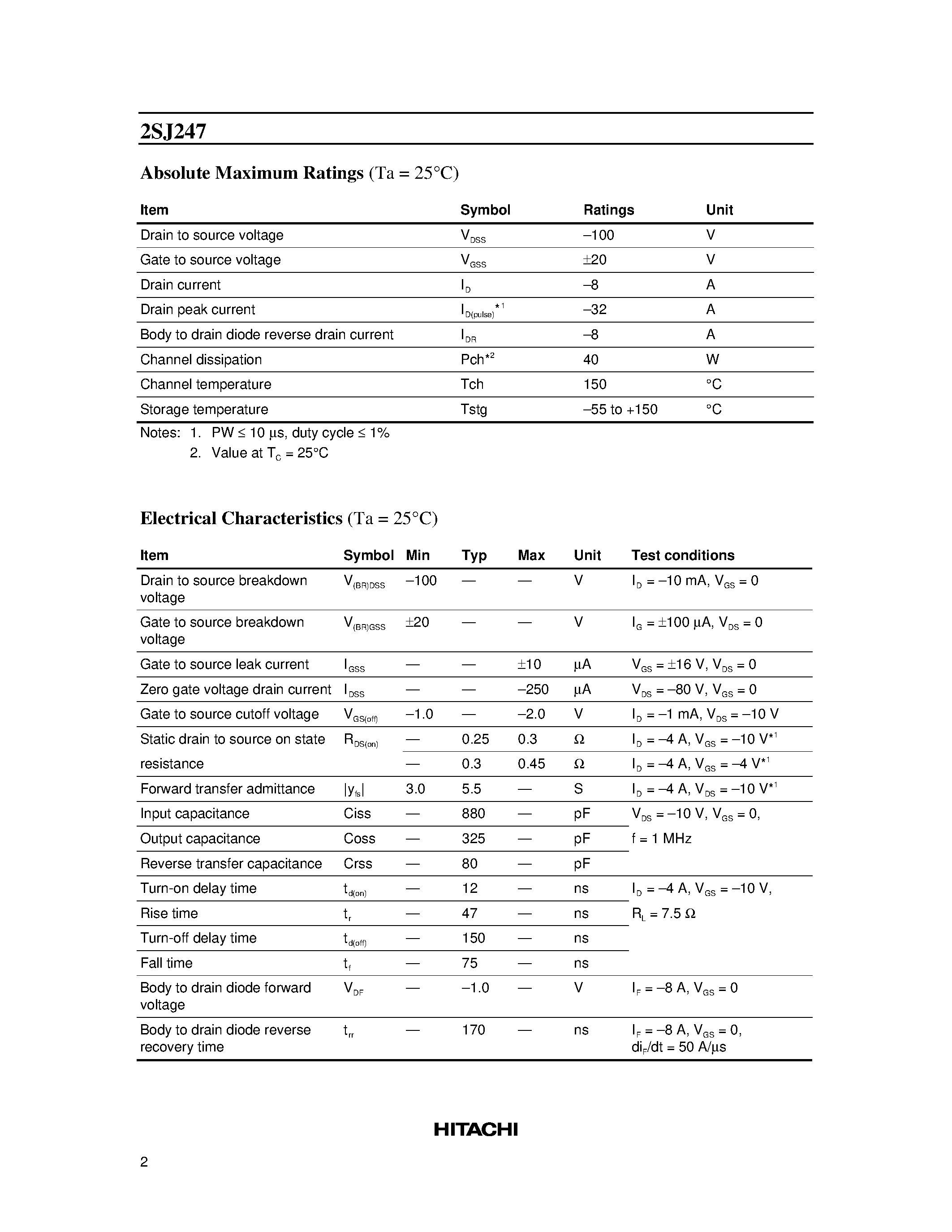 Datasheet 2SJ247 - Silicon P-Channel MOS FET page 2
