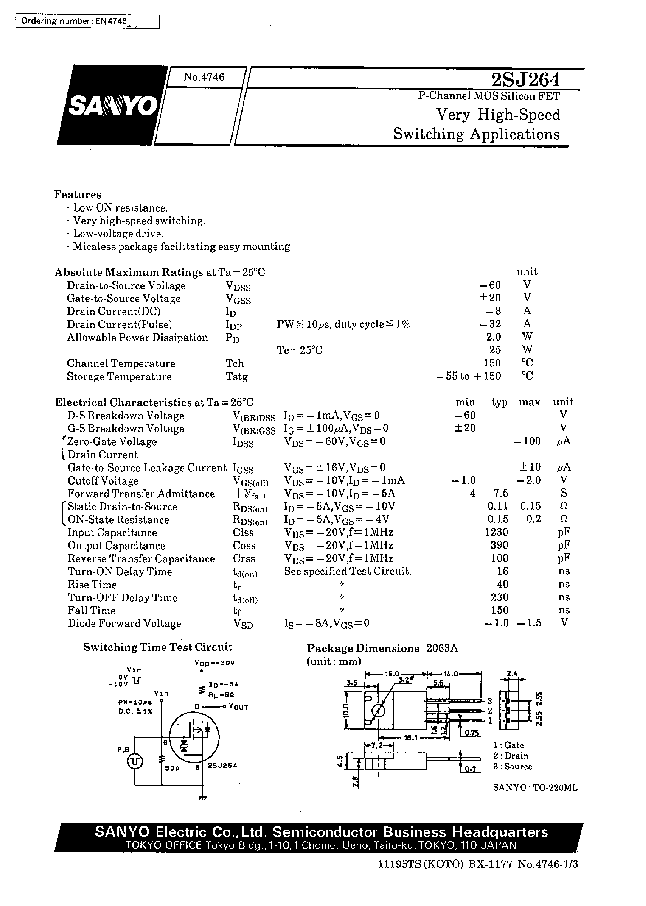 Datasheet 2SJ264 - Very High-Speed Switching Applications page 1