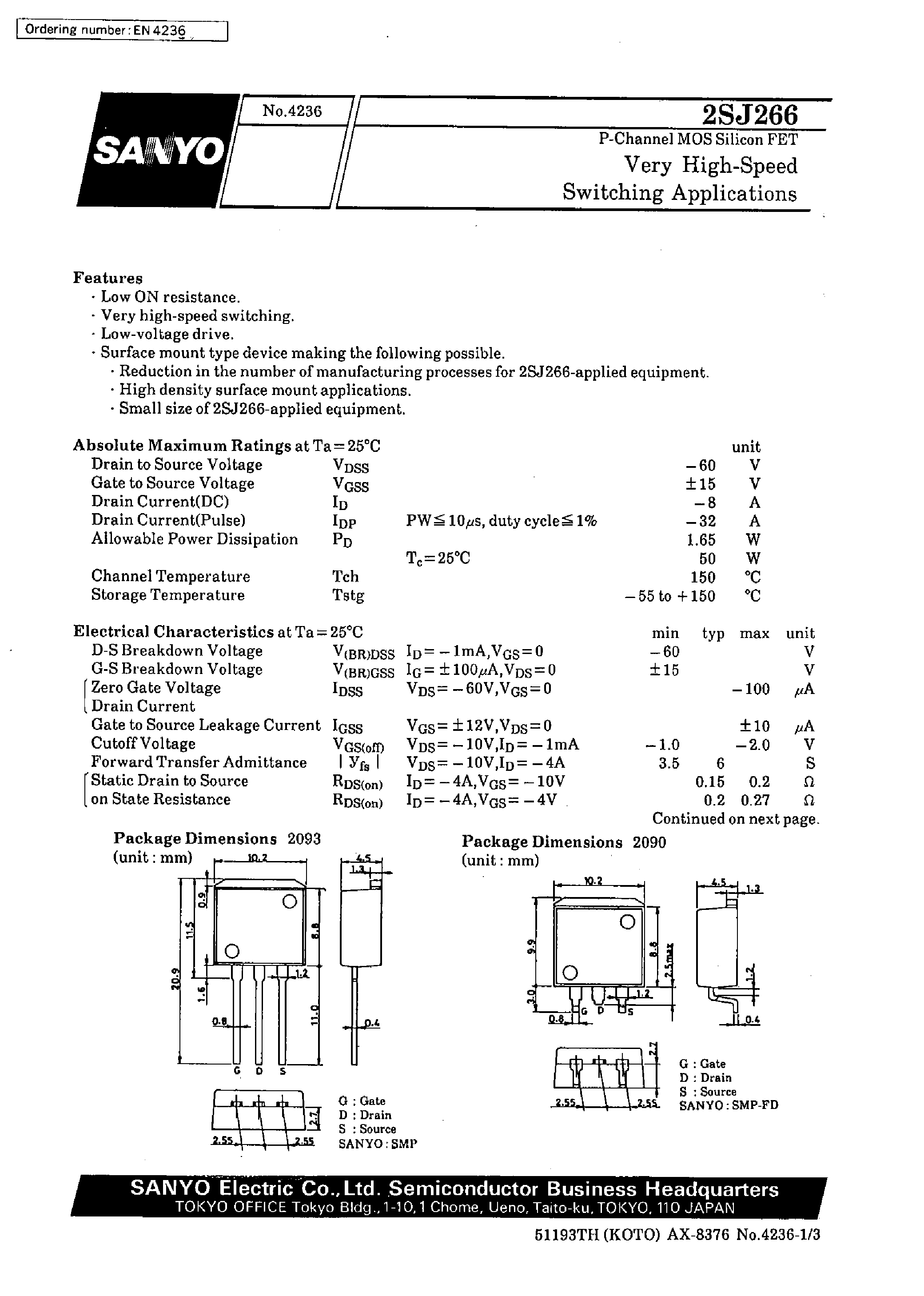 Datasheet 2SJ266 - Very High-Speed Switching Applications page 1