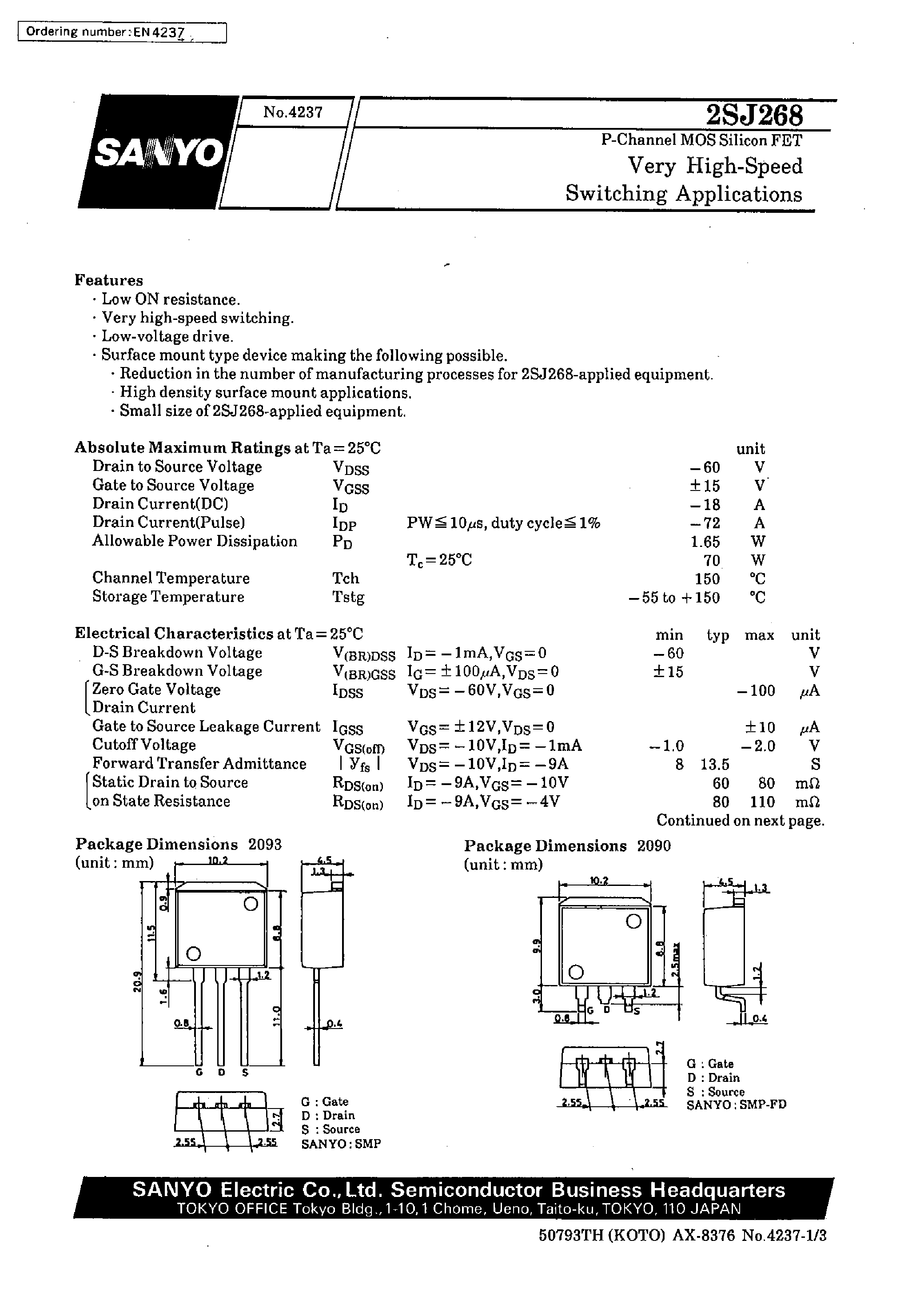 Datasheet 2SJ268 - Very High-Speed Switching Applications page 1