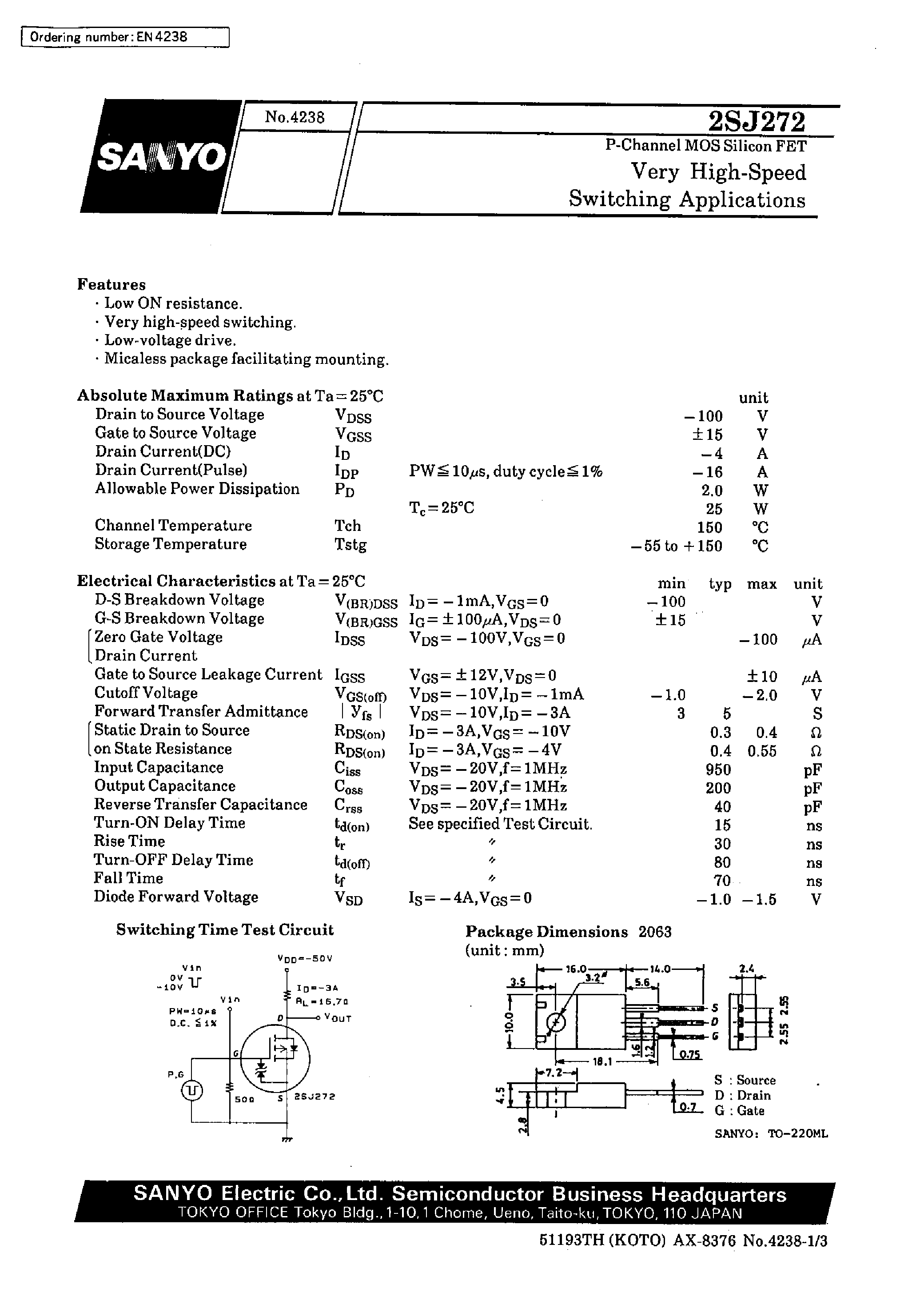 Datasheet 2SJ272 - Very High-Speed Switching Applications page 1