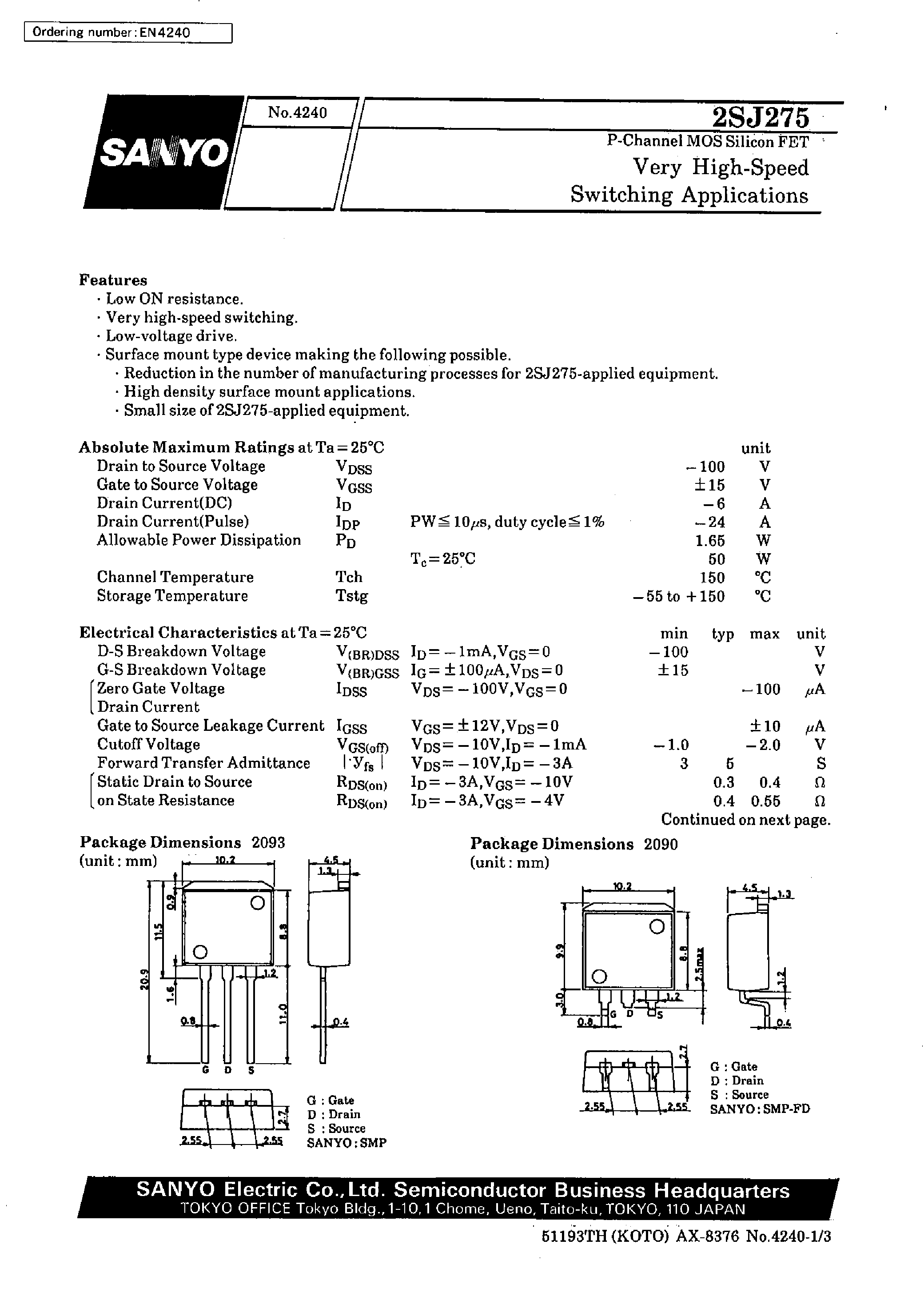 Datasheet 2SJ275 - Very High-Speed Switching Applications page 1
