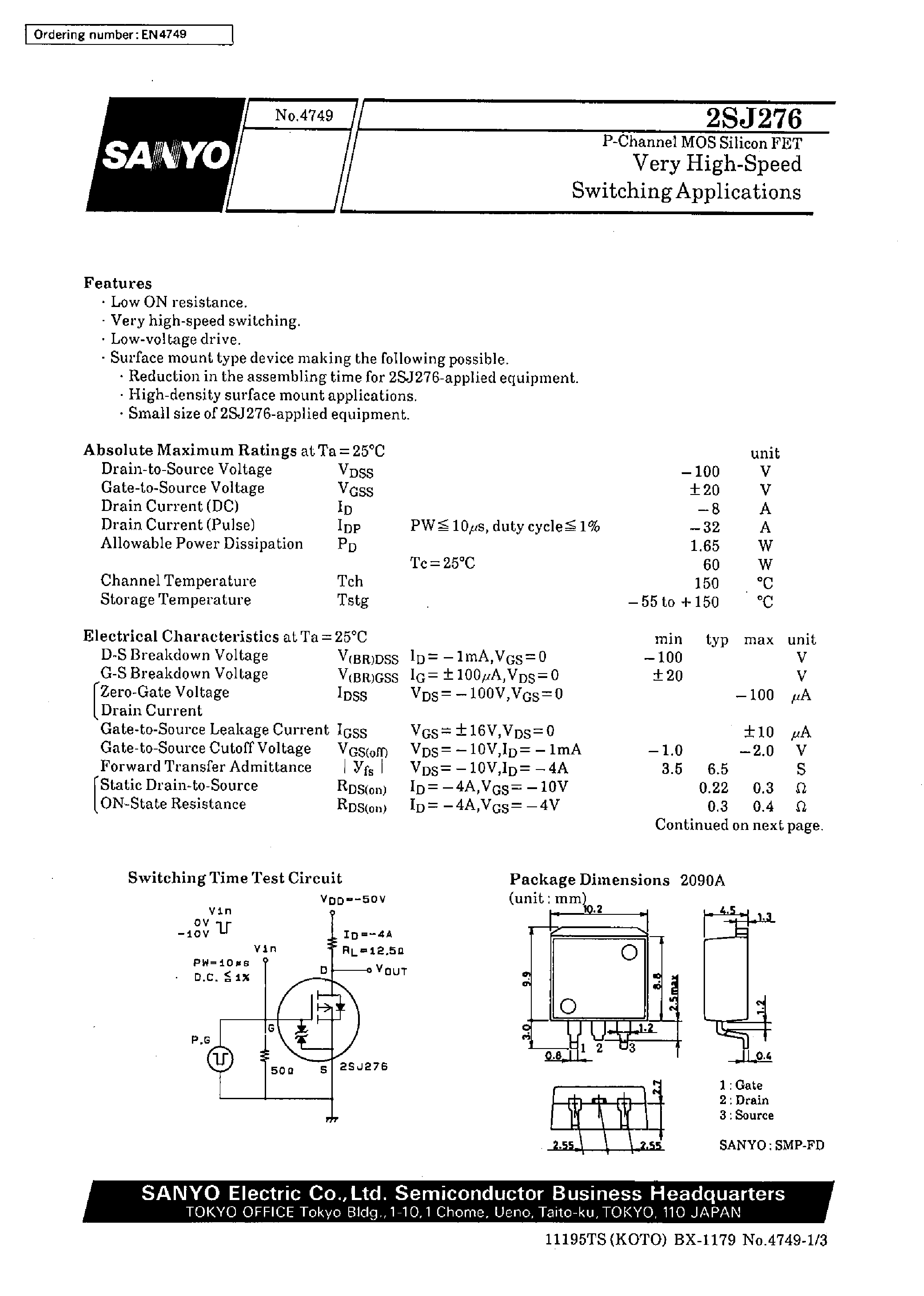 Datasheet 2SJ276 - Very High-Speed Switching Applications page 1
