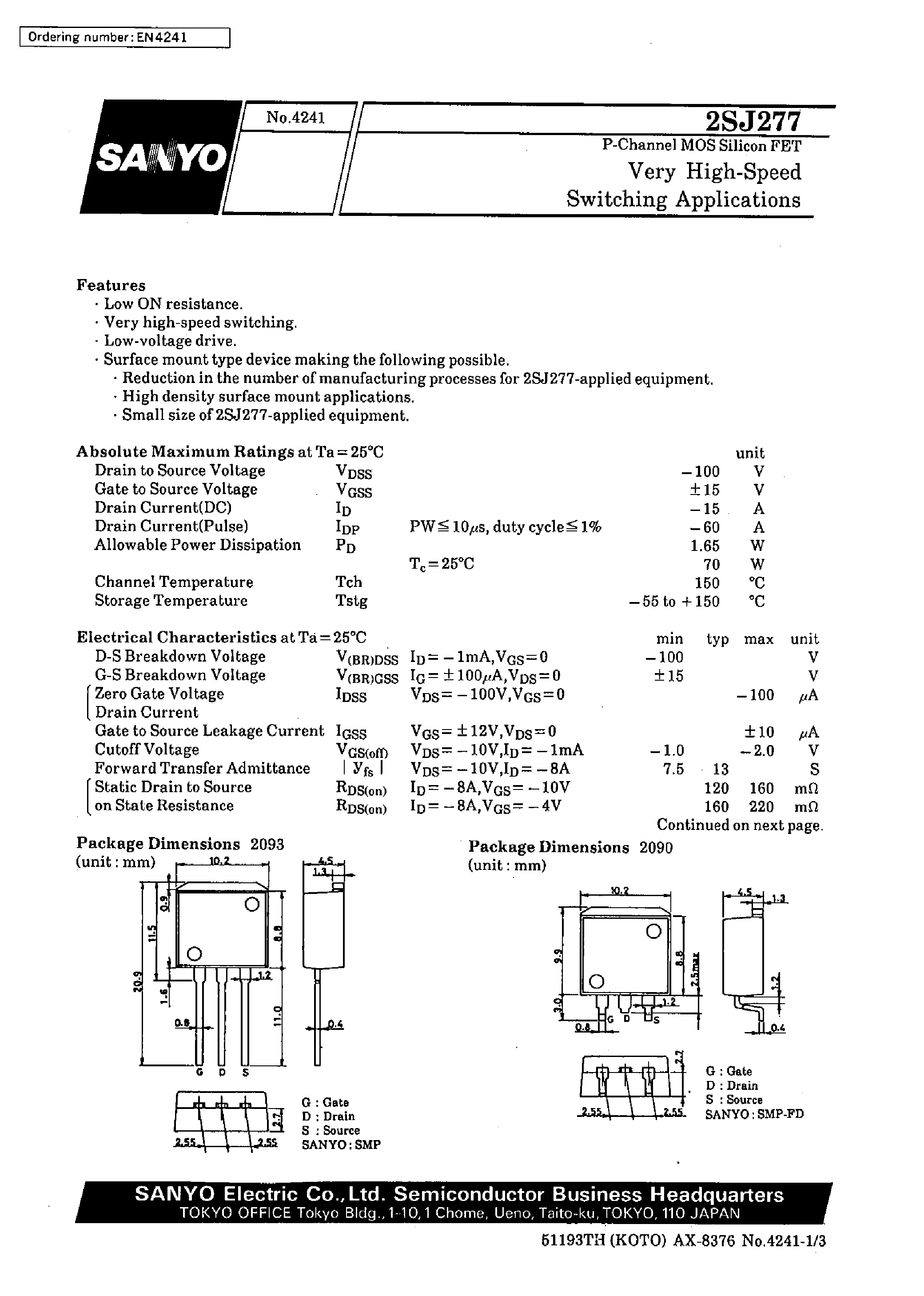Datasheet 2SJ277 - Very High-Speed Switching Applications page 1