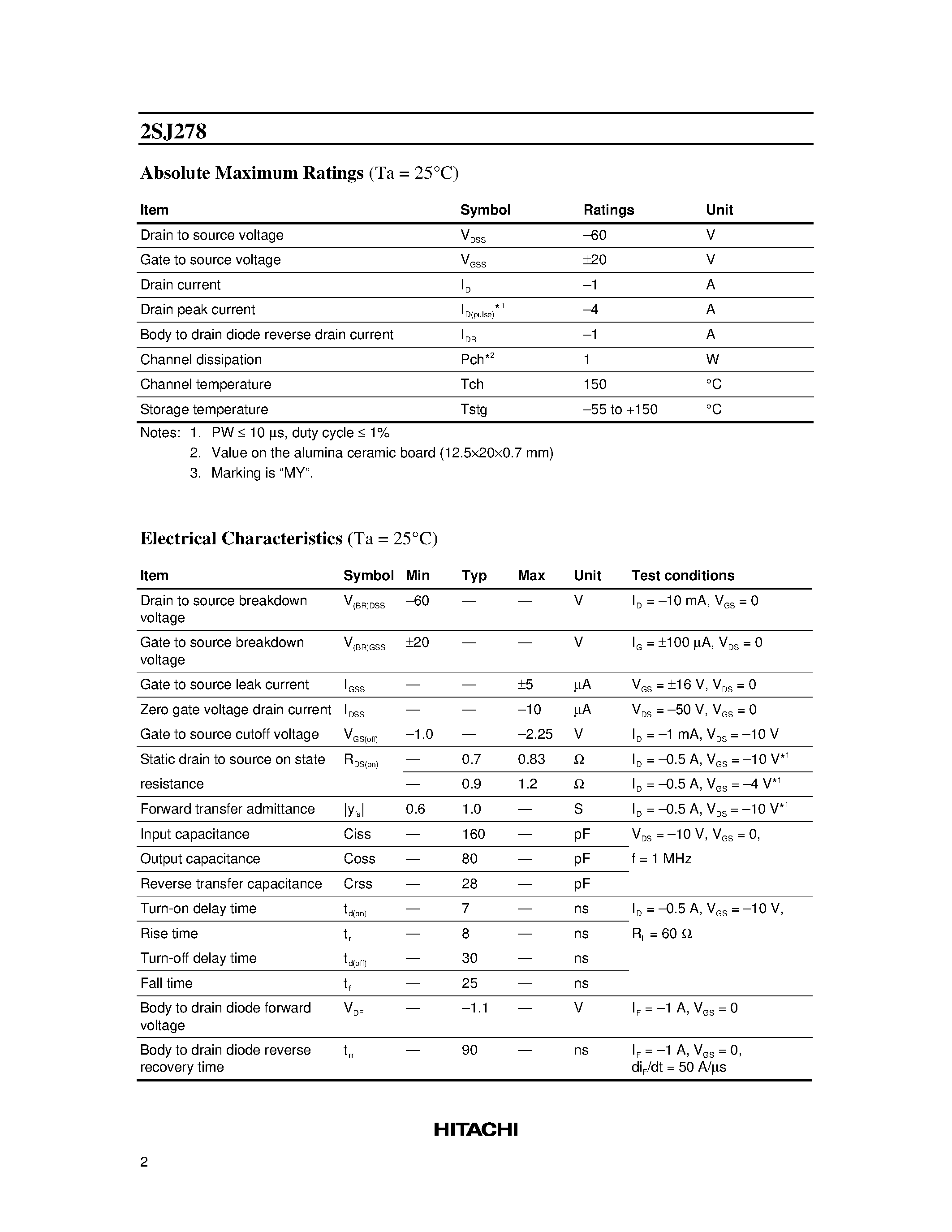 Datasheet 2SJ278 - Silicon P-Channel MOS FET page 2