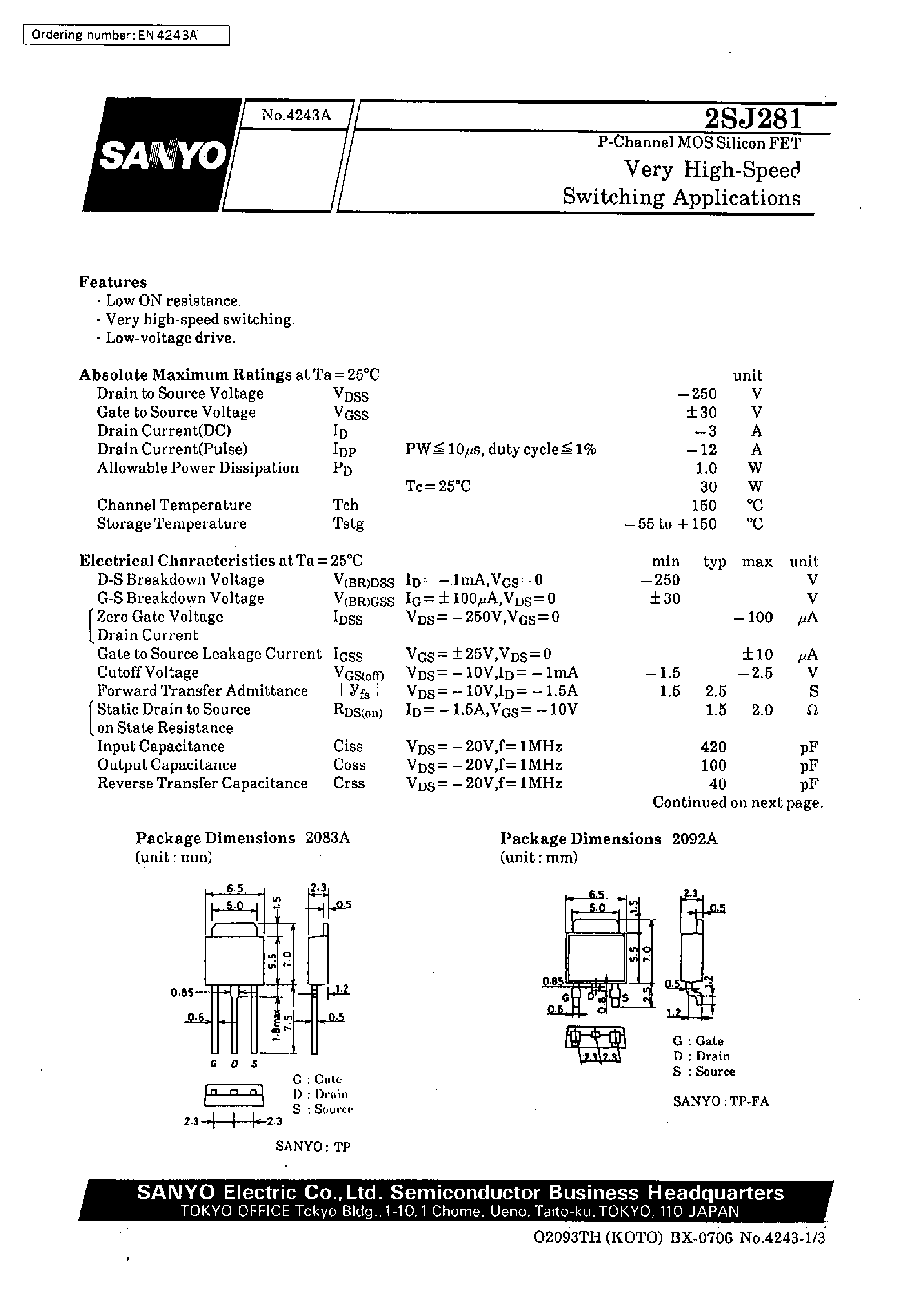 Datasheet 2SJ281 - Very High-Speed Switching Applications page 1