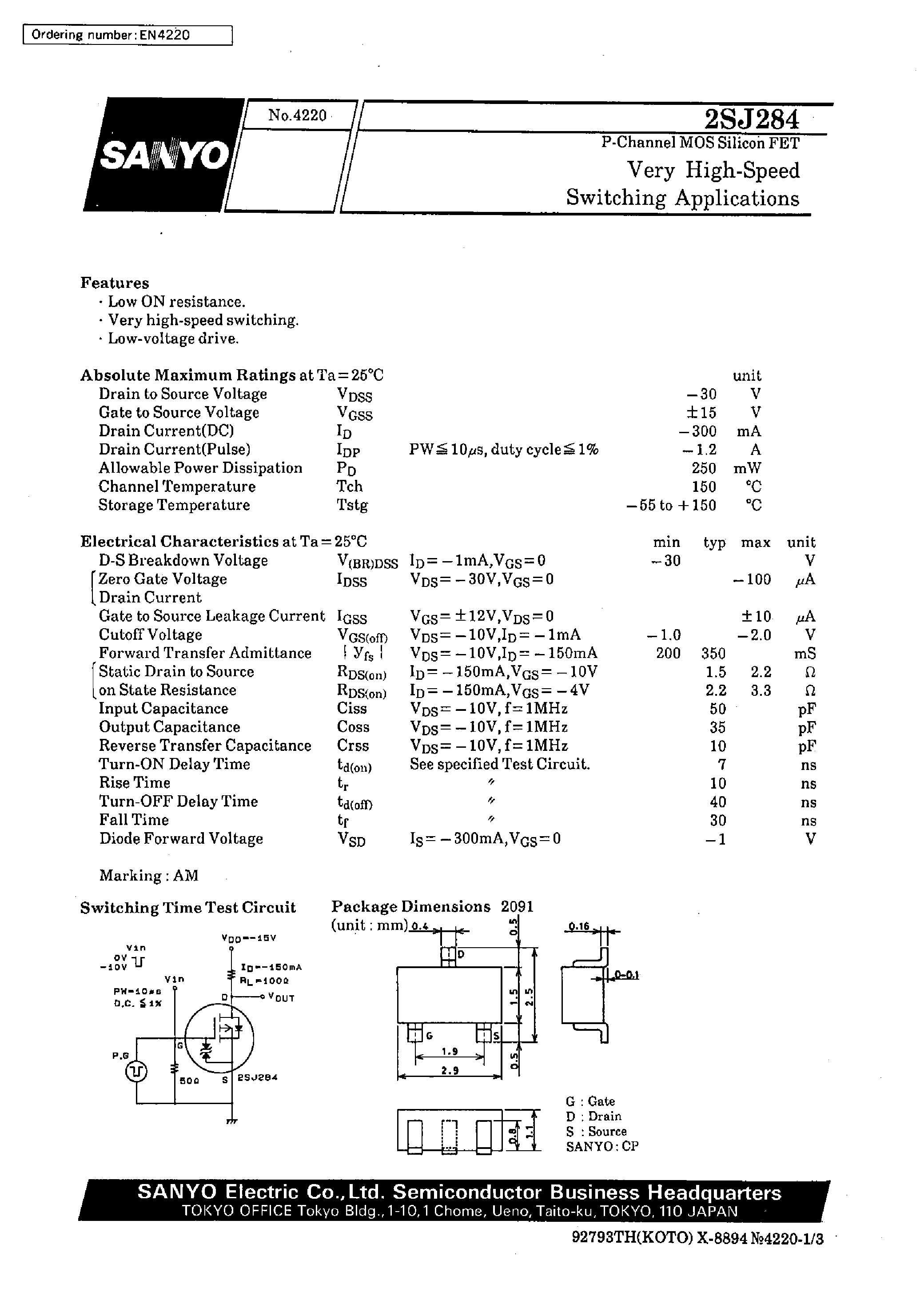 Datasheet 2SJ284 - Very High-Speed Switching Applications page 1