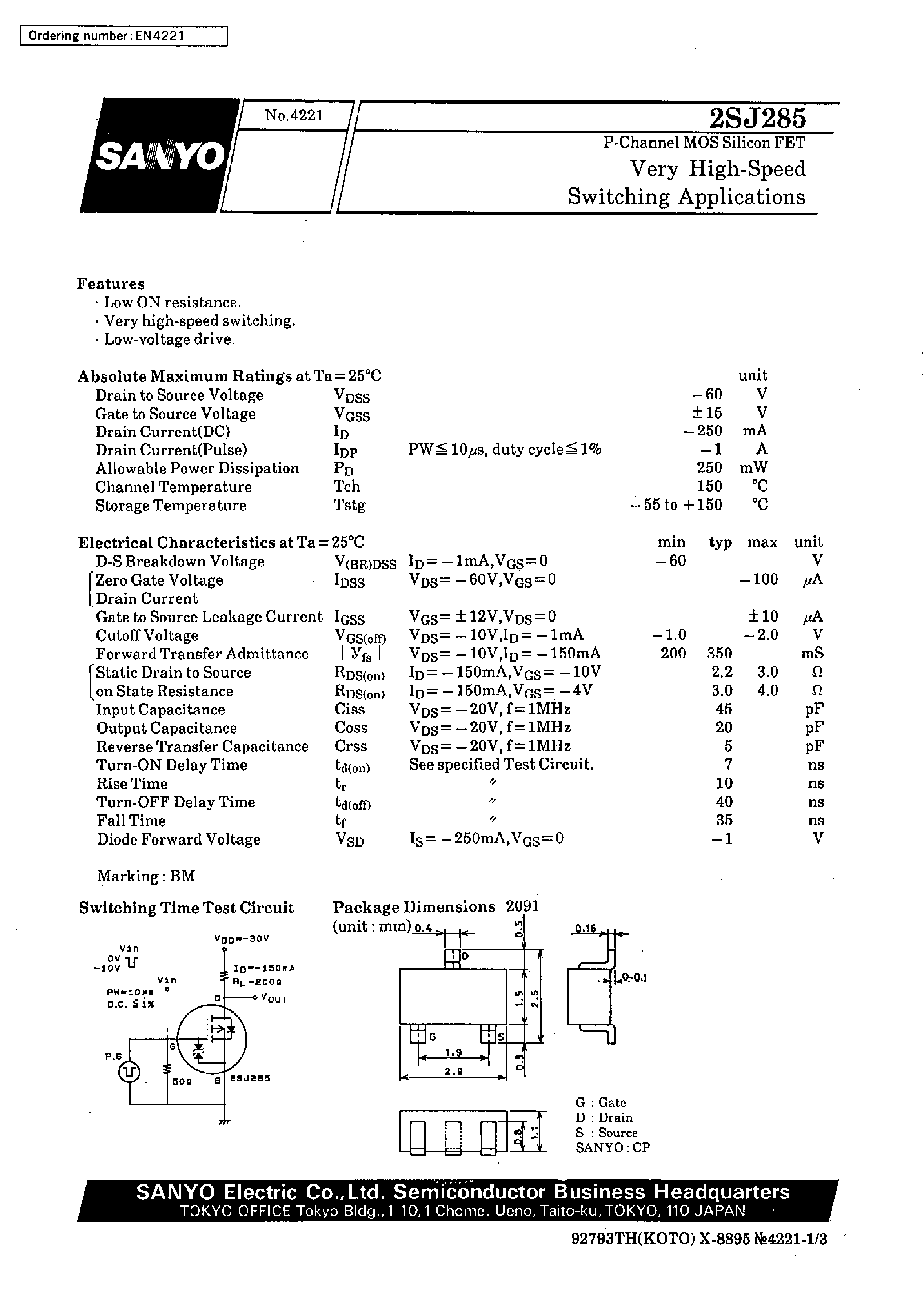 Datasheet 2SJ285 - Very High-Speed Switching Applications page 1
