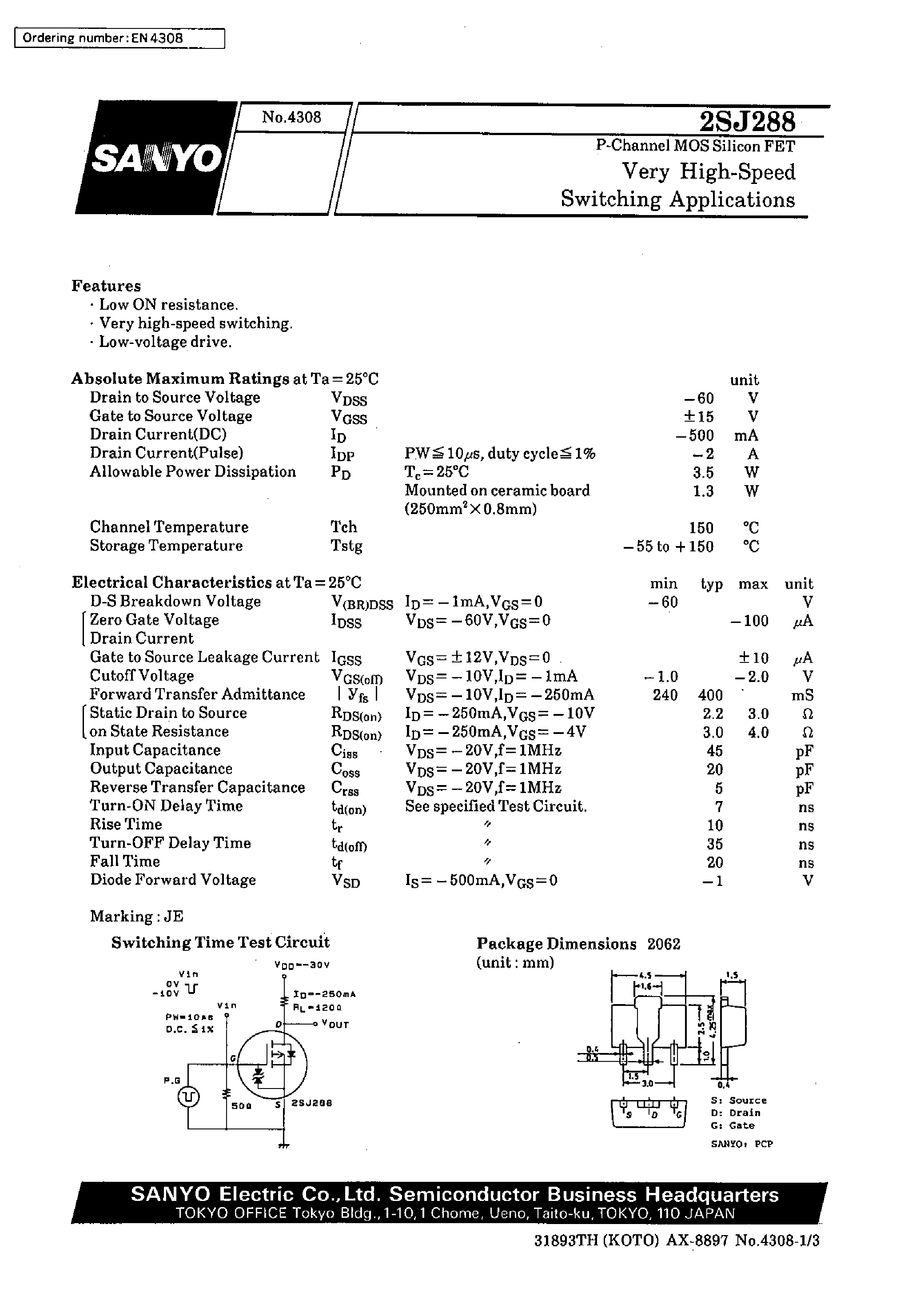 Datasheet 2SJ288 - Very High-Speed Switching Applications page 1