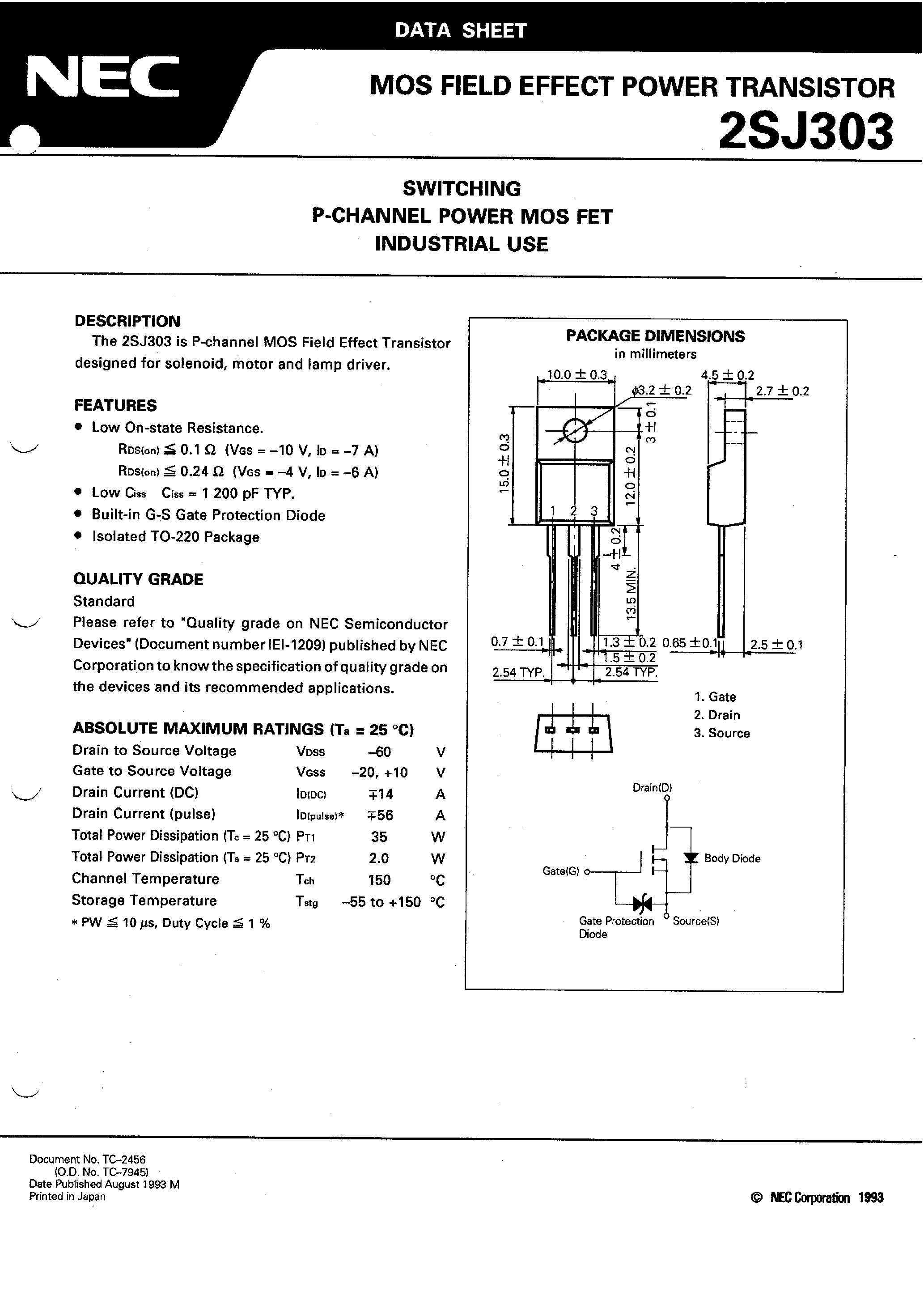 Datasheet 2SJ303 - SWITCHING P-CHANNEL POWER MOS FET INDUSTRIAL USE page 1