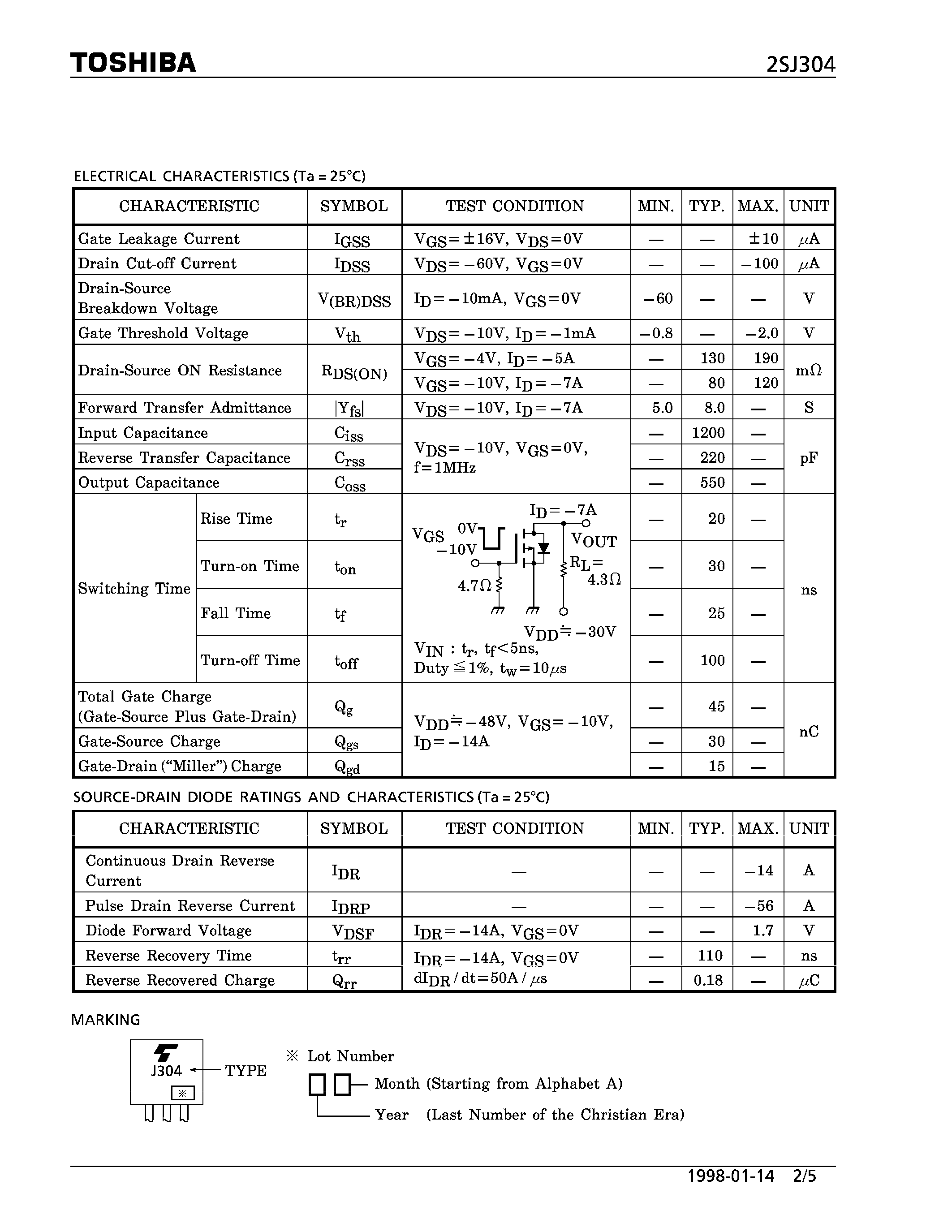 Datasheet 2SJ304 - P CHANNEL MOS TYPE (HIGH SPEED/ HIGH CURRENT SWITCHING/ DC-DC CONVERTER/ RELAY DRIVE AND MOTOR DRIVE APPLICATIONS) page 2