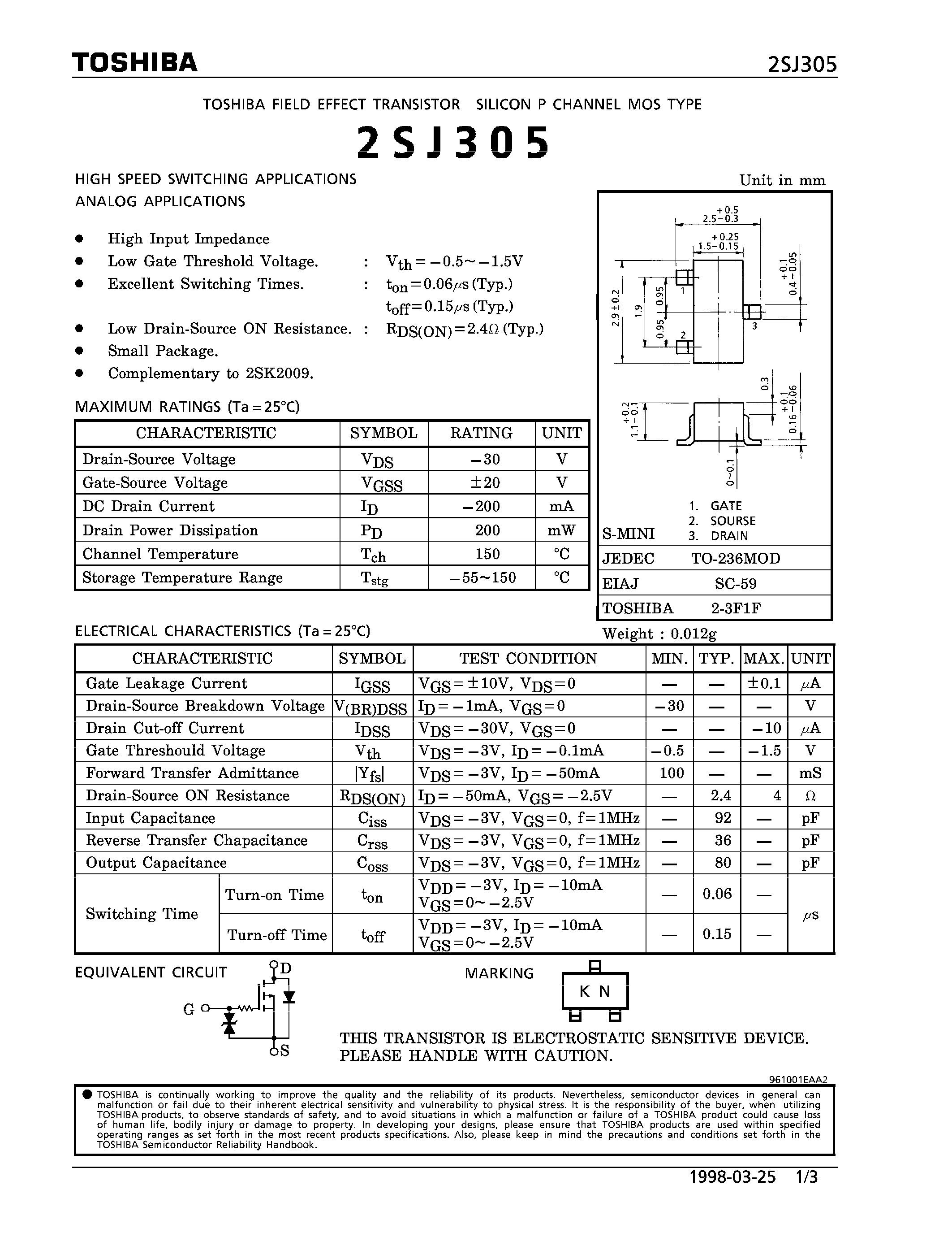 Datasheet 2SJ305 - P CHANNEL MOS TYPE (HIGH SPEED SWITCHING/ ANALOG APPLICATIONS) page 1