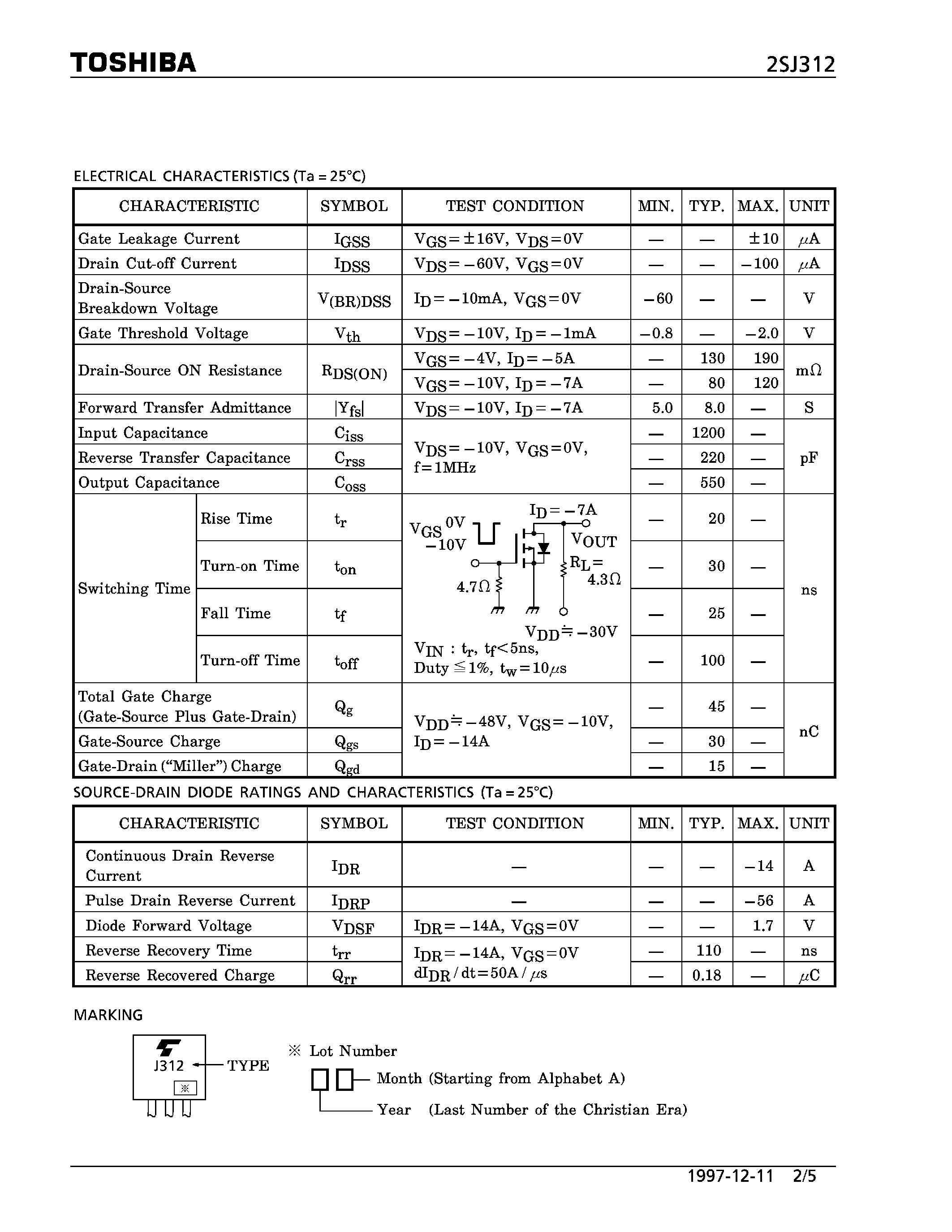 Datasheet 2SJ312 page 2 Datasheet 2SJ312 - P CHANNEL MOS TYPE (HIGH SPEED/ HIGH CURRENT SWITCHING/ DC-DC CONVERTER/ RELAY DRIVE AND MOTOR DRIVE APPLICATIONS) page 2