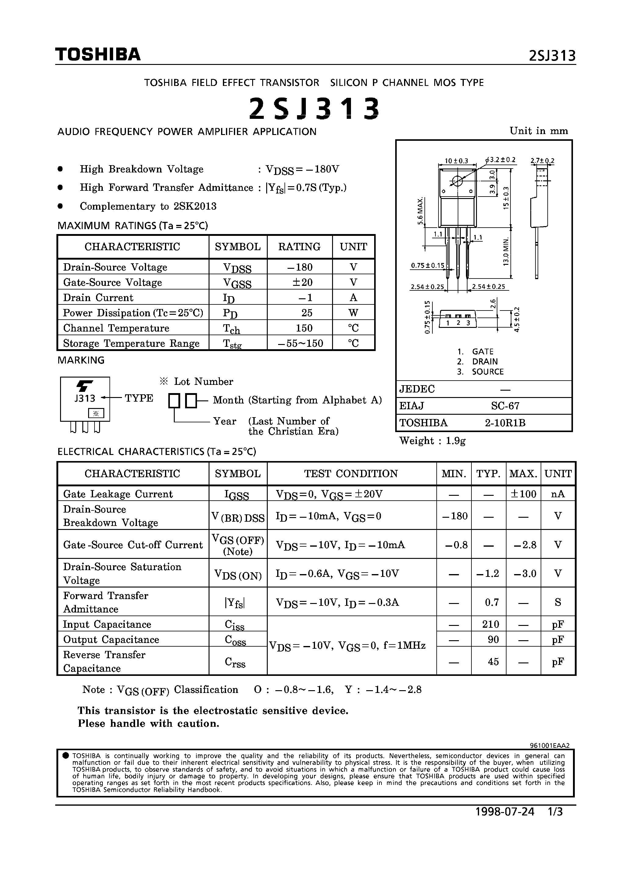 Datasheet 2SJ313 page 1 Datasheet 2SJ313 - P CHANNEL MOS TYPE (AUDIO FREQUENCY POWER AMPLIFIER APPLICATION) page 1