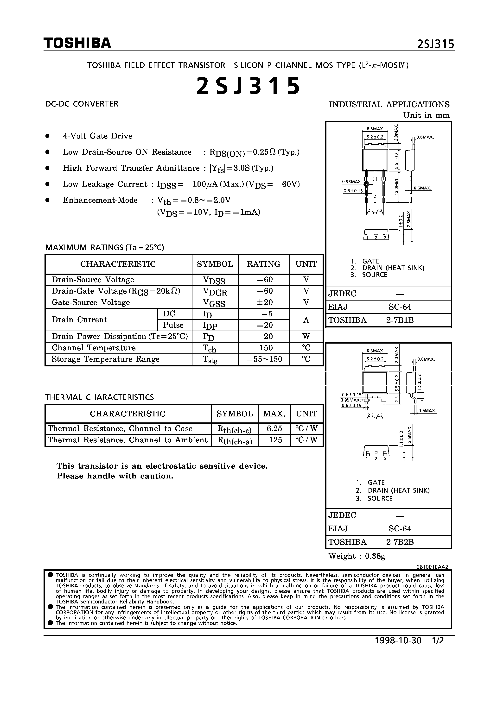 Datasheet 2SJ315 - P CHANNEL MOS TYPE (DC-DC CONVERTER) page 1