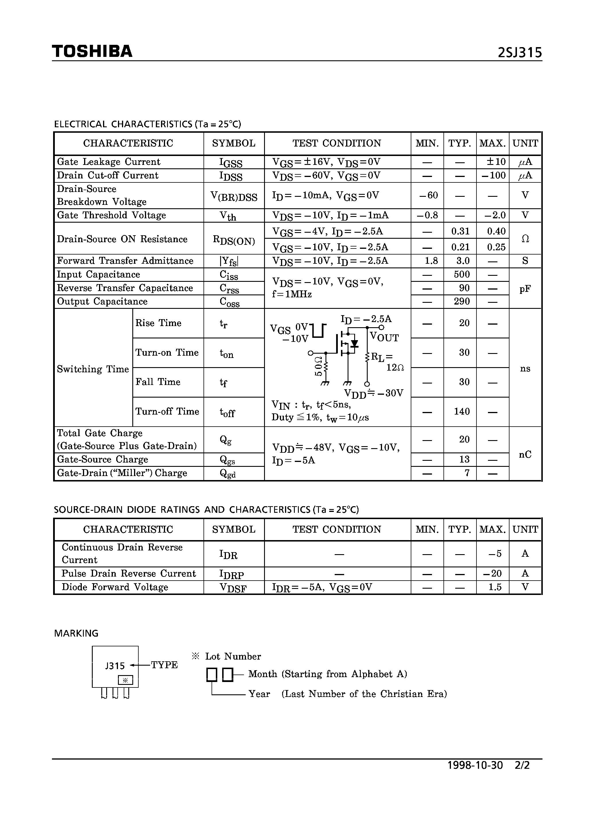 Datasheet 2SJ315 - P CHANNEL MOS TYPE (DC-DC CONVERTER) page 2