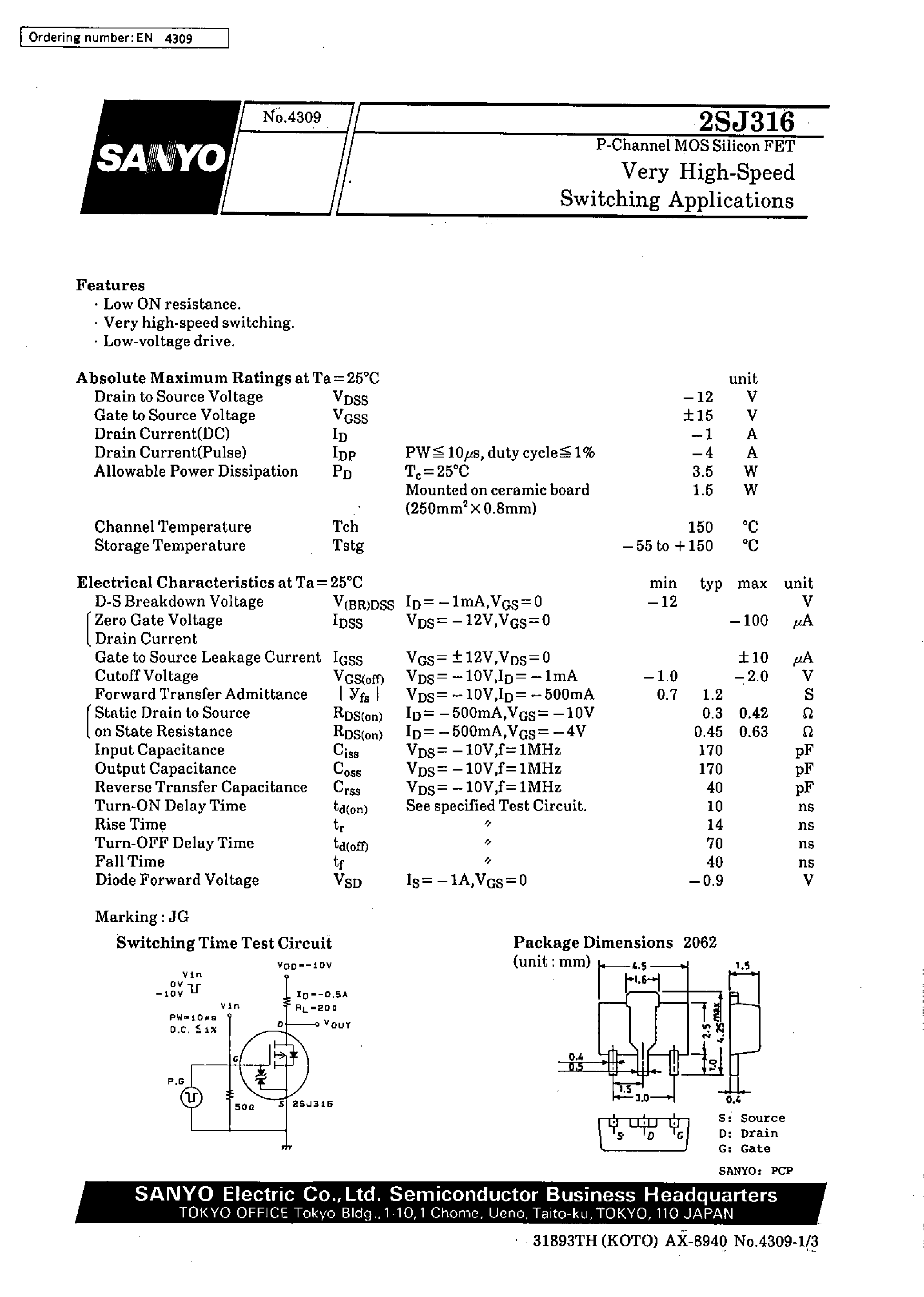 Datasheet 2SJ316 - Very High-Speed Switching Applications page 1