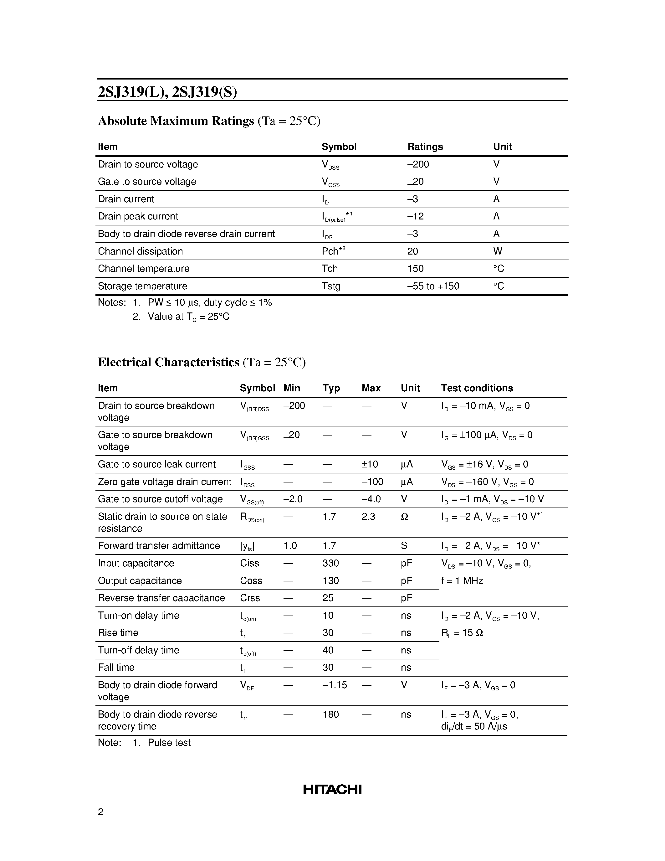 Datasheet 2SJ319 - Silicon P-Channel MOS FET page 2
