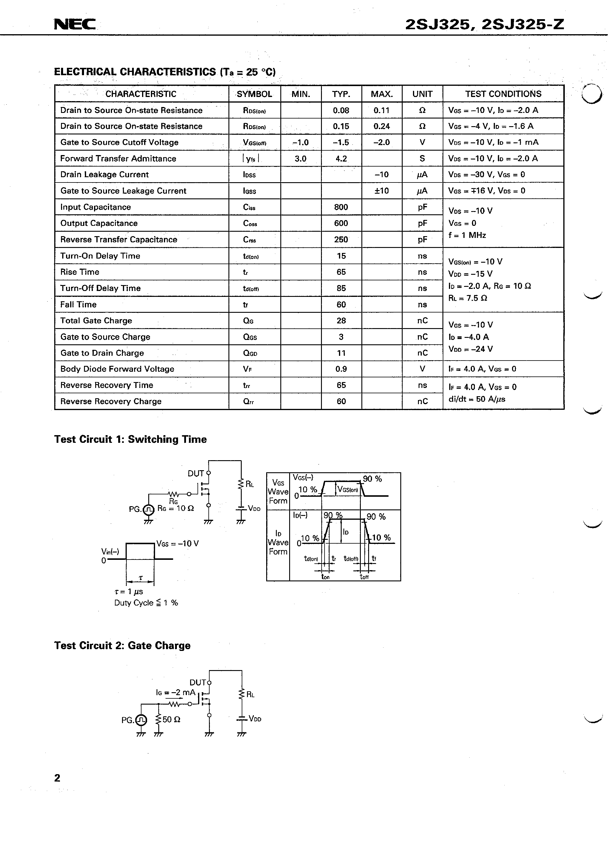 Datasheet 2SJ325 - SWITCHING P-CHANNEL POWER MOS FET INDUSTRIAL USE page 2