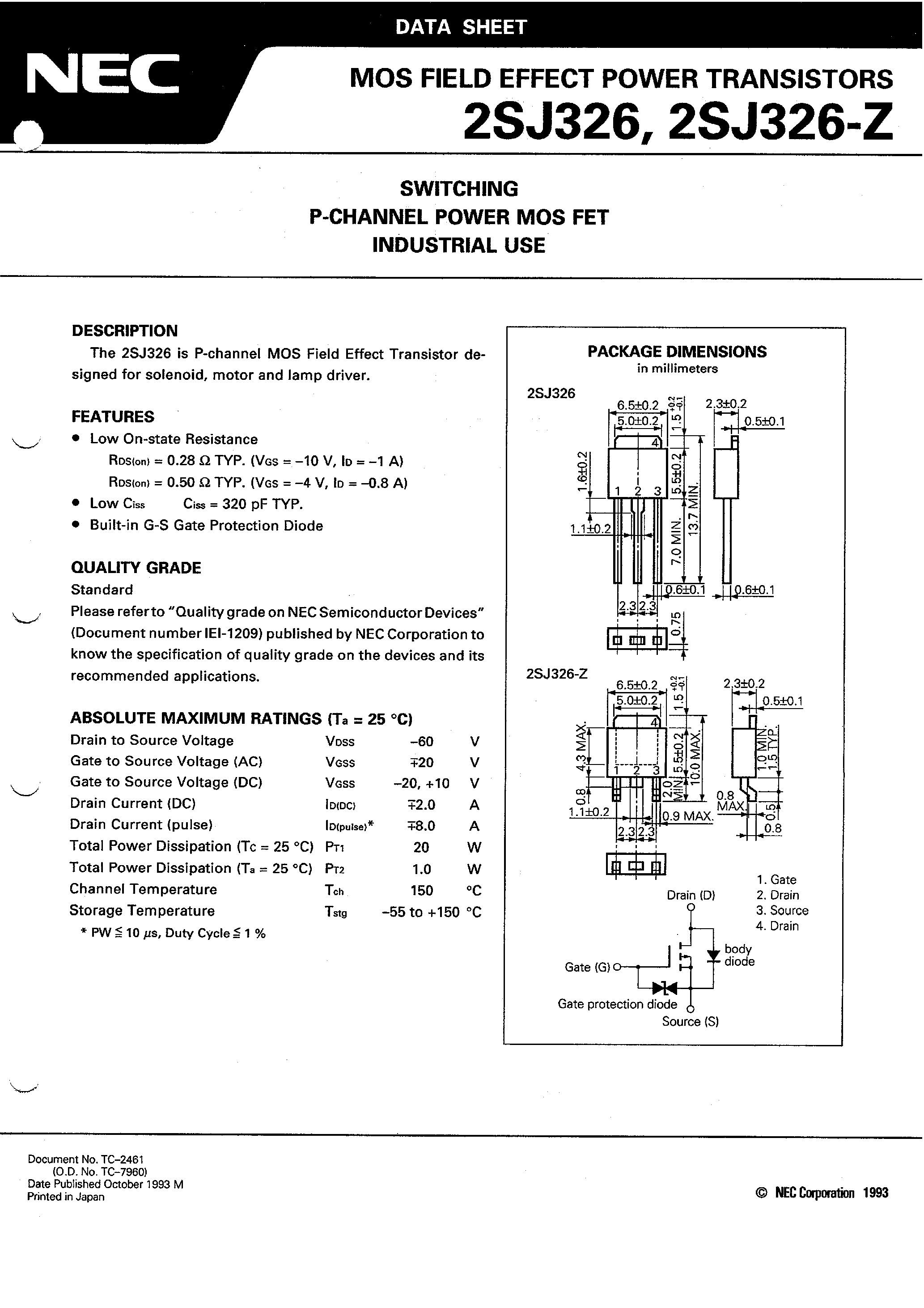 Datasheet 2SJ326 - SWITCHING P-CHANNEL POWER MOS FET INDUSTRIAL USE page 1