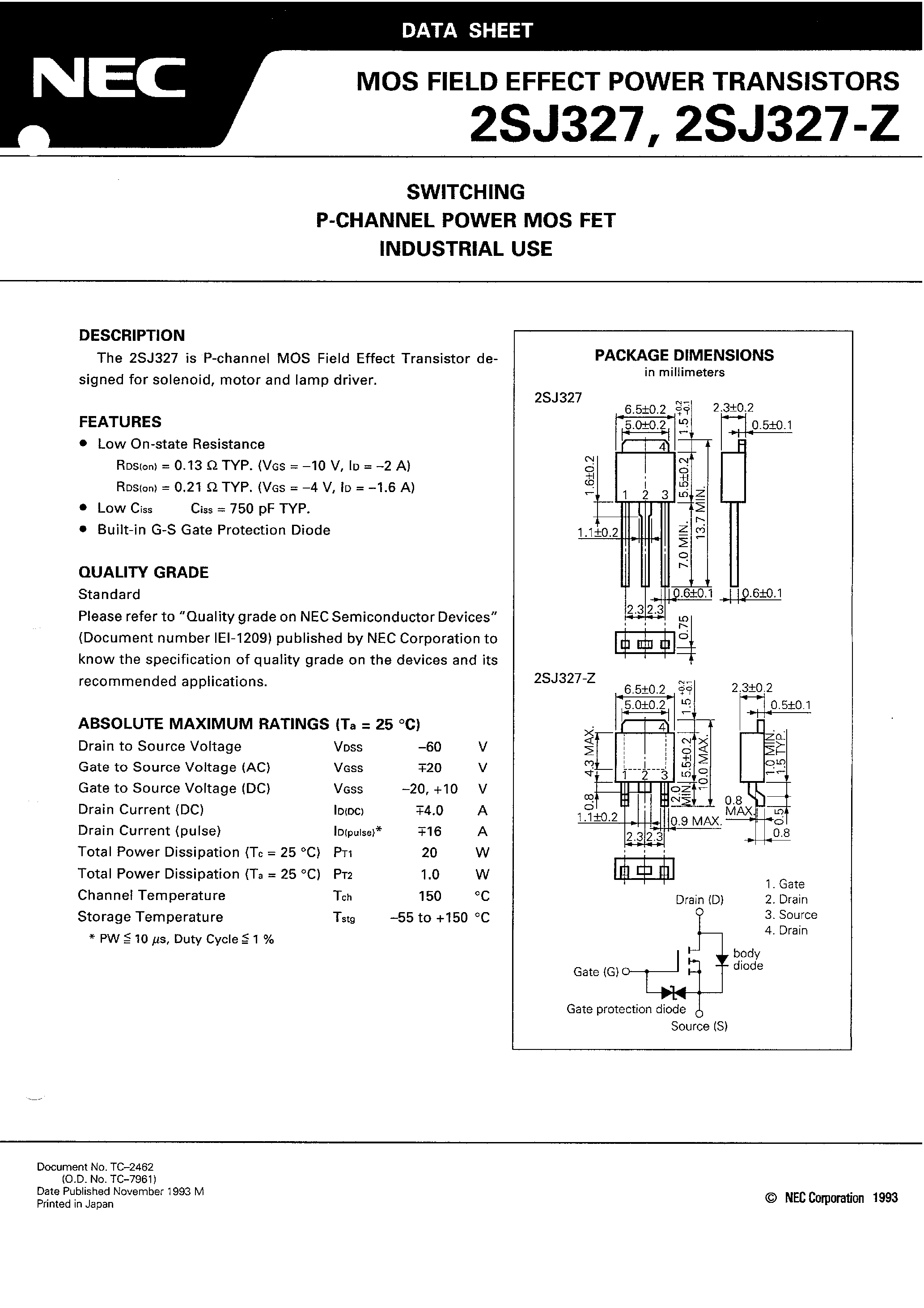 Datasheet 2SJ327 - SWITCHING P-CHANNEL POWER MOS FET INDUSTRIAL USE page 1