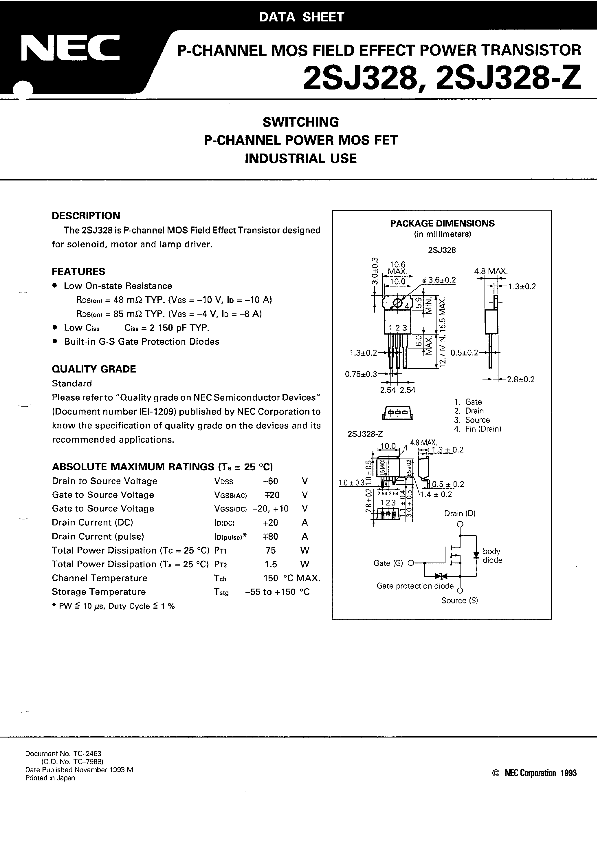 Datasheet 2SJ328-Z page 1 Datasheet 2SJ328-Z - SWITCHING P-CHANNEL POWER MOS FET INDUSTRIAL USE page 1