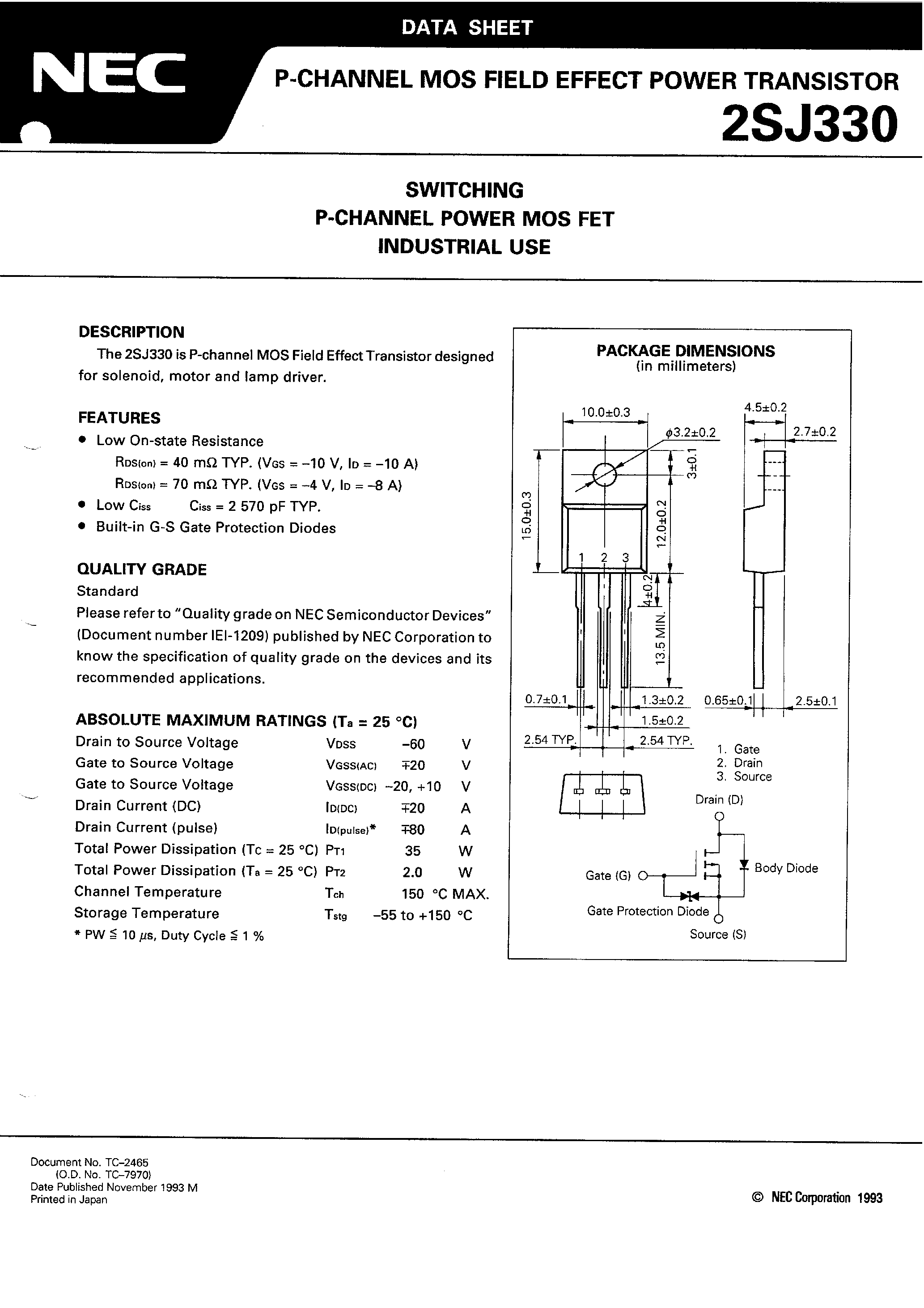 Datasheet 2SJ330 - SWITCHING P-CHANNEL POWER MOS FET INDUSTRIAL USE page 1