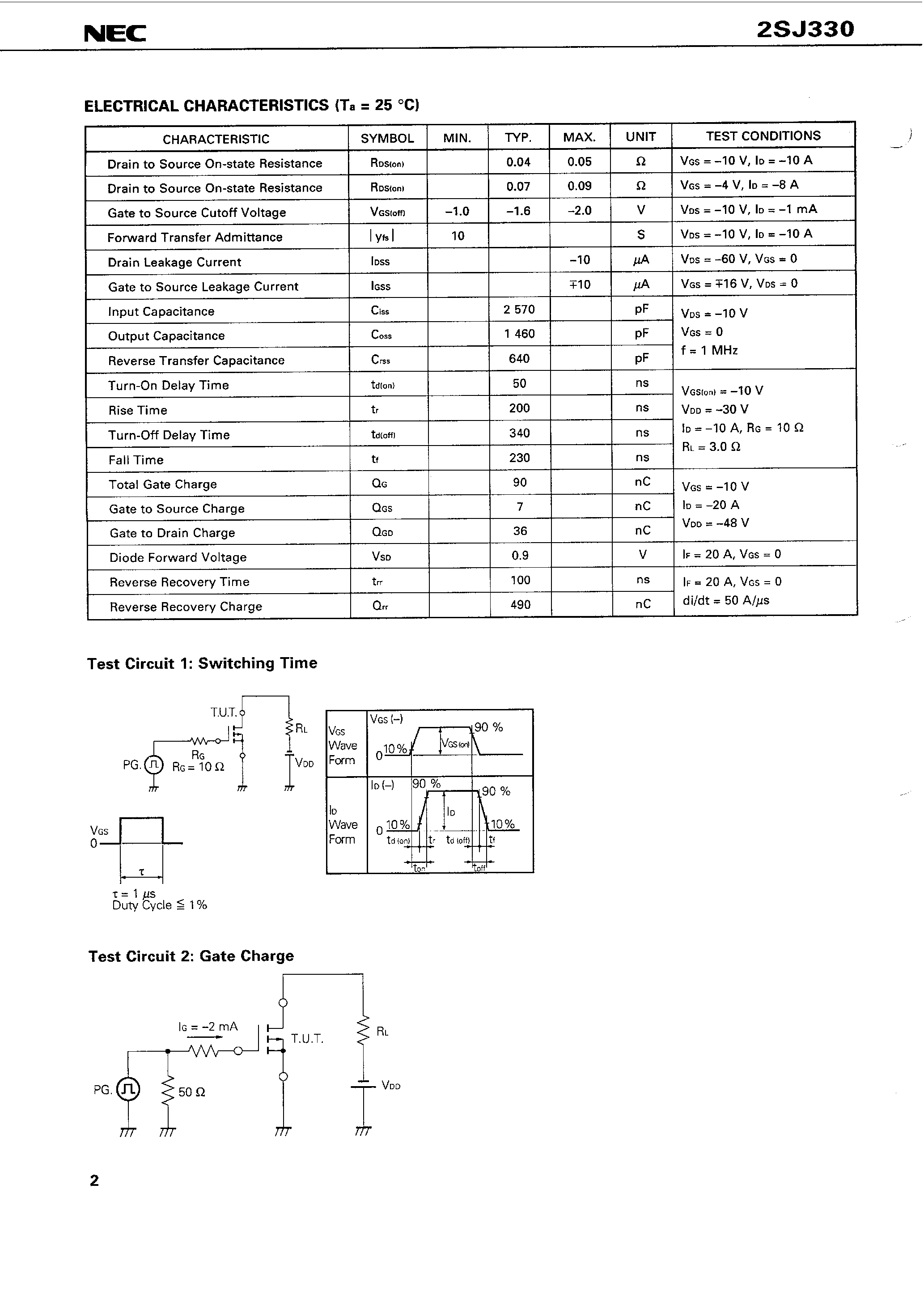 Datasheet 2SJ330 - SWITCHING P-CHANNEL POWER MOS FET INDUSTRIAL USE page 2