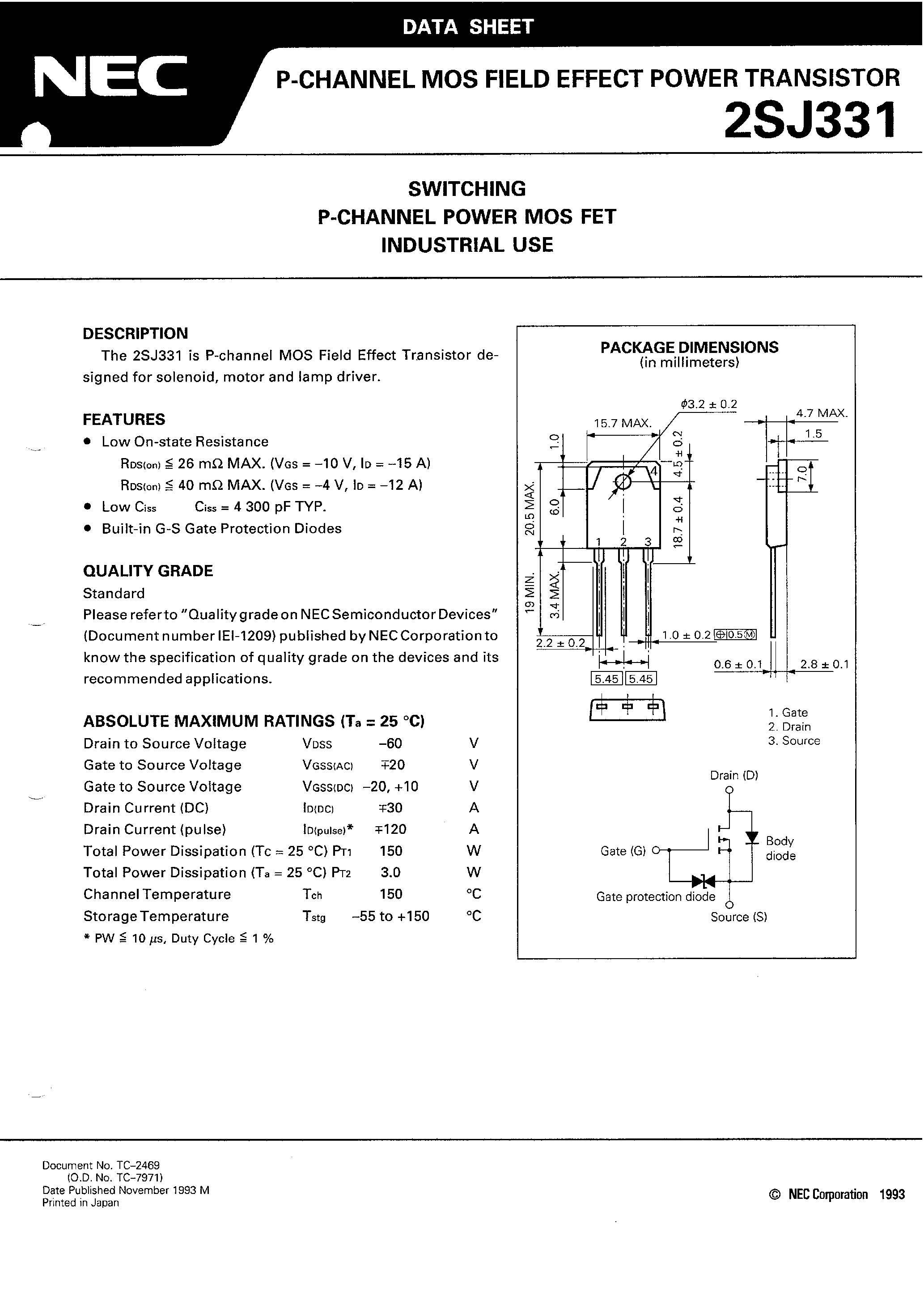 Datasheet 2SJ331 - SWITCHING P-CHANNEL POWER MOS FET INDUSTRIAL USE page 1