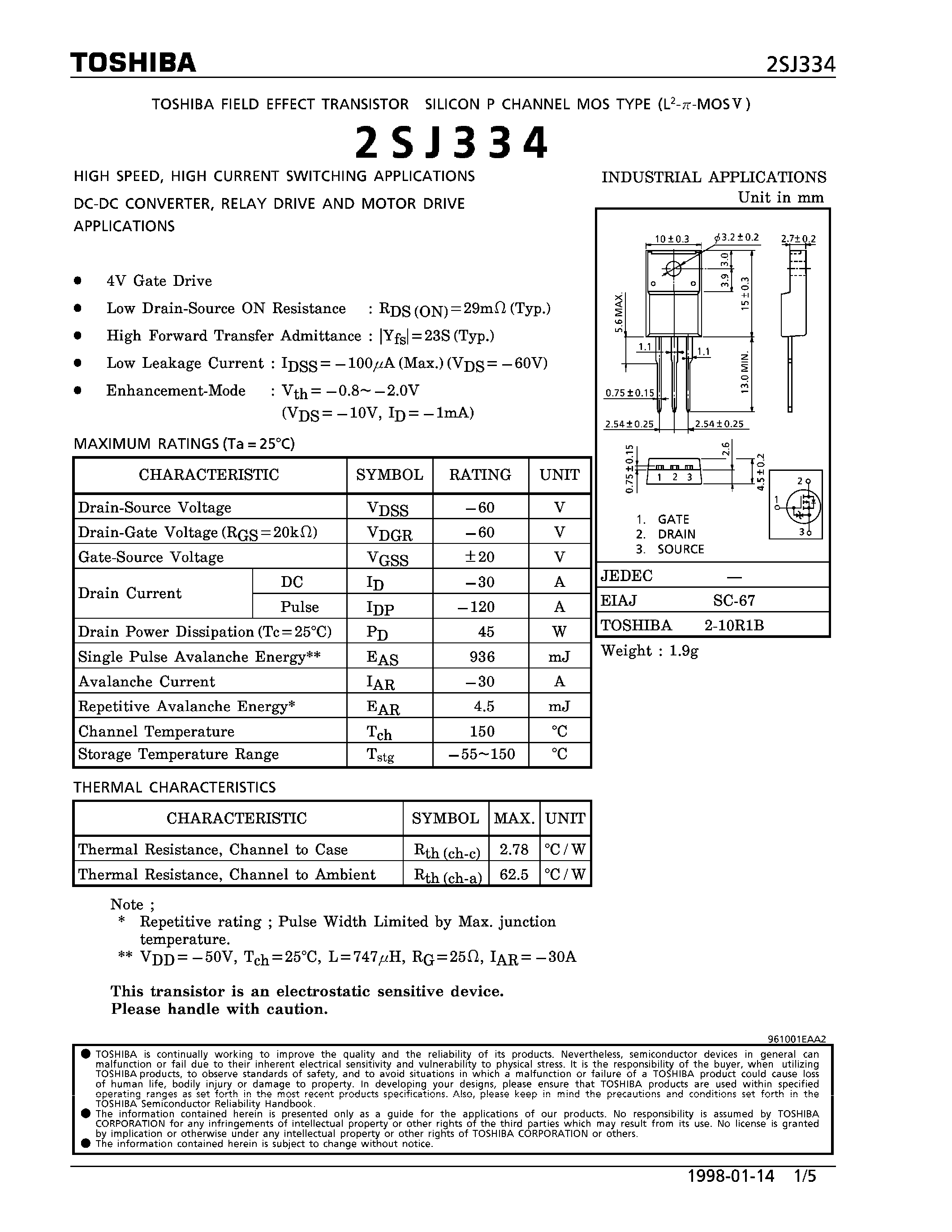 Datasheet 2SJ334 - P CHANNEL MOS TYPE (HIGH SPEED/ HIGH CURRENT SWITCHING/ DC-DC CONVERTER/ RELAY DRIVE AND MOTOR DRIVE APPLICATIONS) page 1