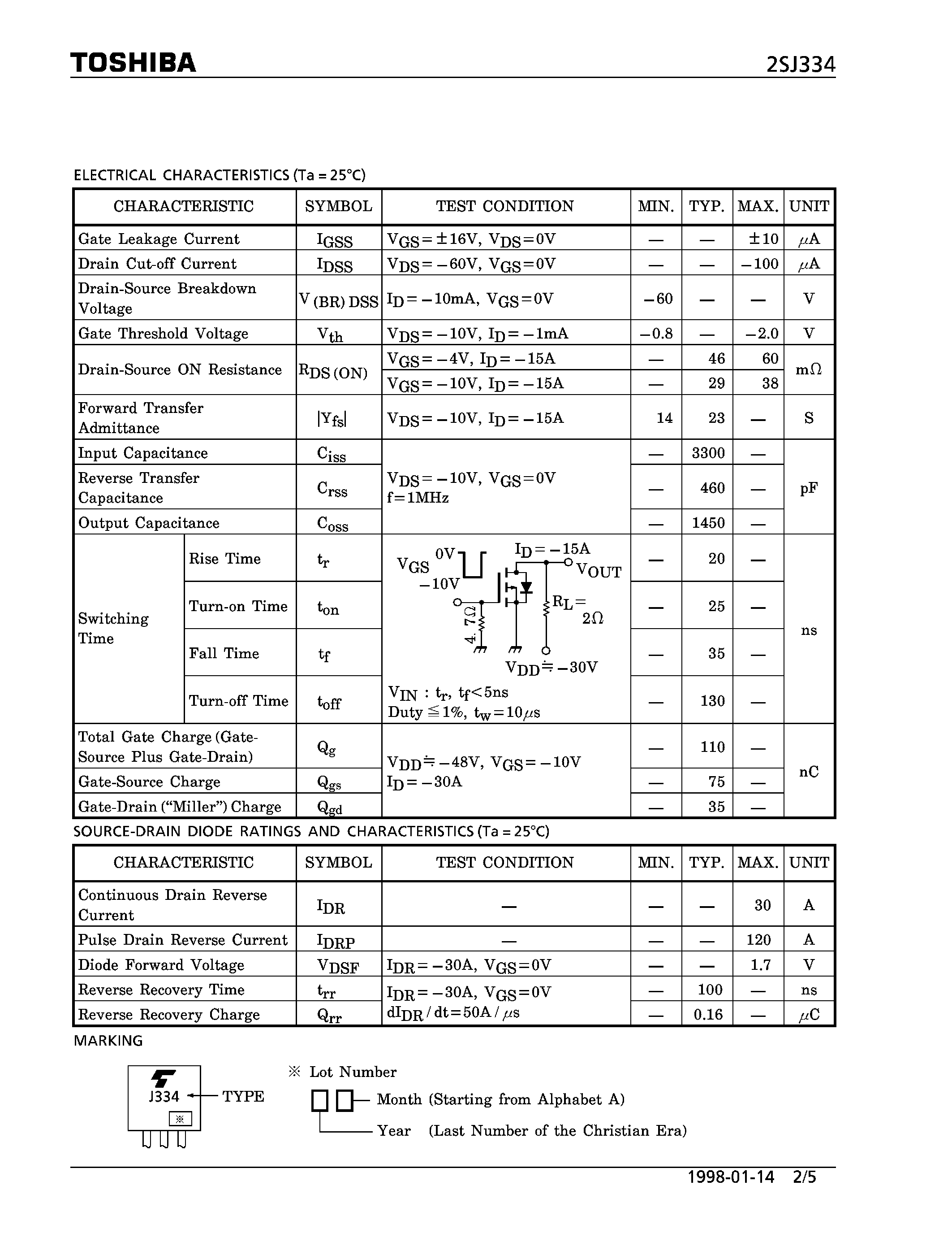 Datasheet 2SJ334 - P CHANNEL MOS TYPE (HIGH SPEED/ HIGH CURRENT SWITCHING/ DC-DC CONVERTER/ RELAY DRIVE AND MOTOR DRIVE APPLICATIONS) page 2