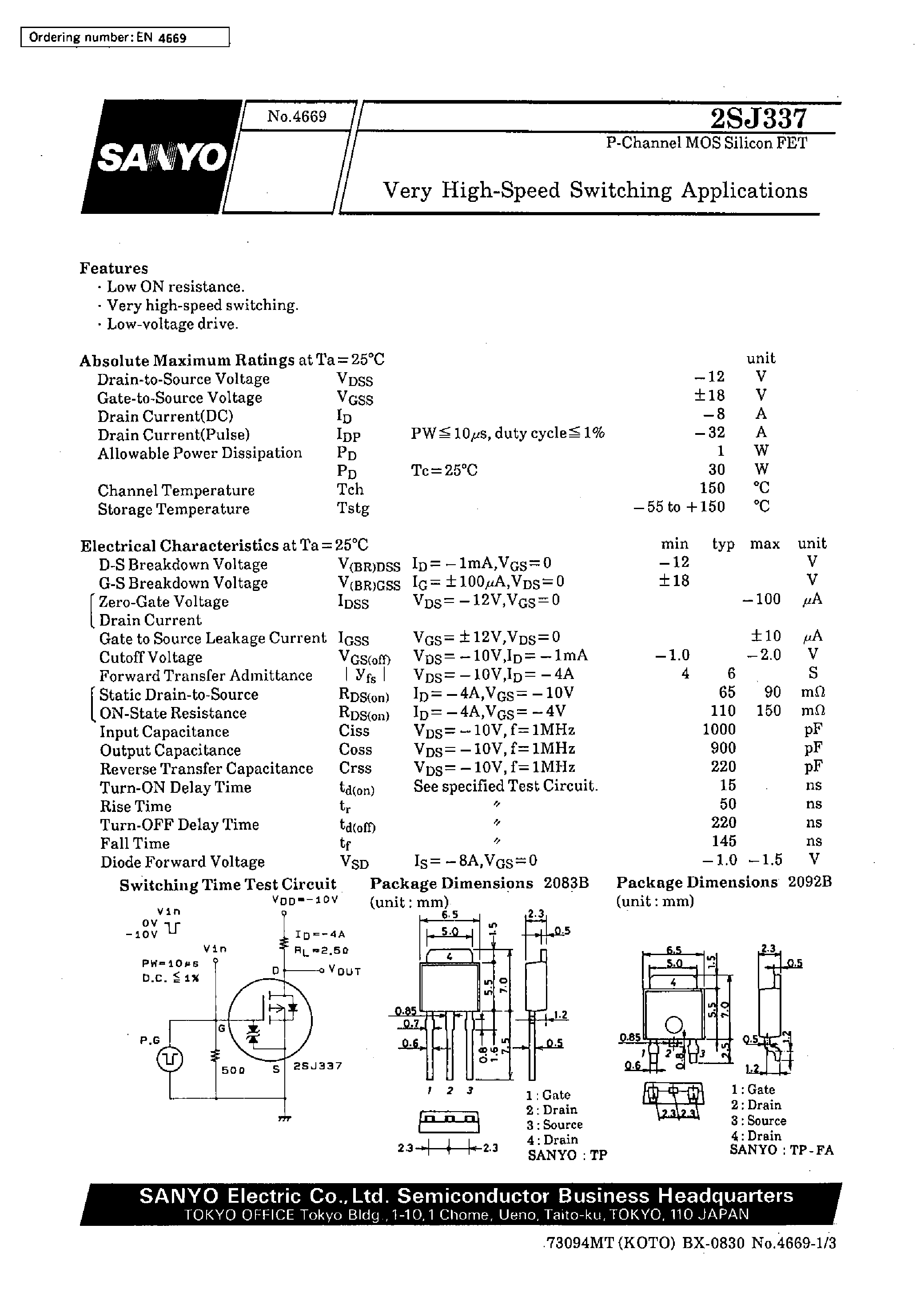 Datasheet 2SJ337 - Very High-Speed Switching Applications page 1