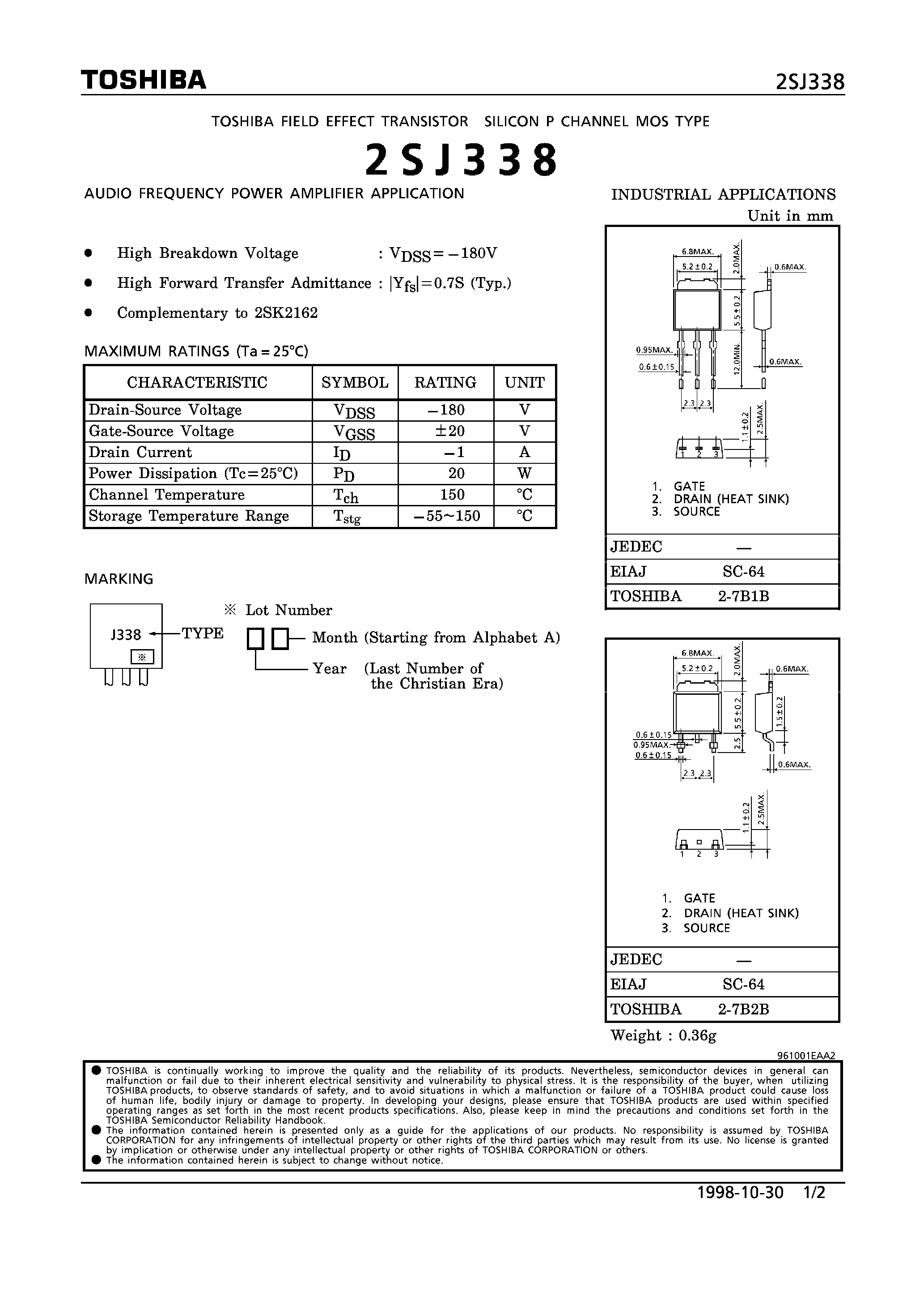 Datasheet 2SJ338 - P CHANNEL MOS TYPE (AUDIO FREQUENCY POWER AMPLIFIER APPLICATIONS) page 1