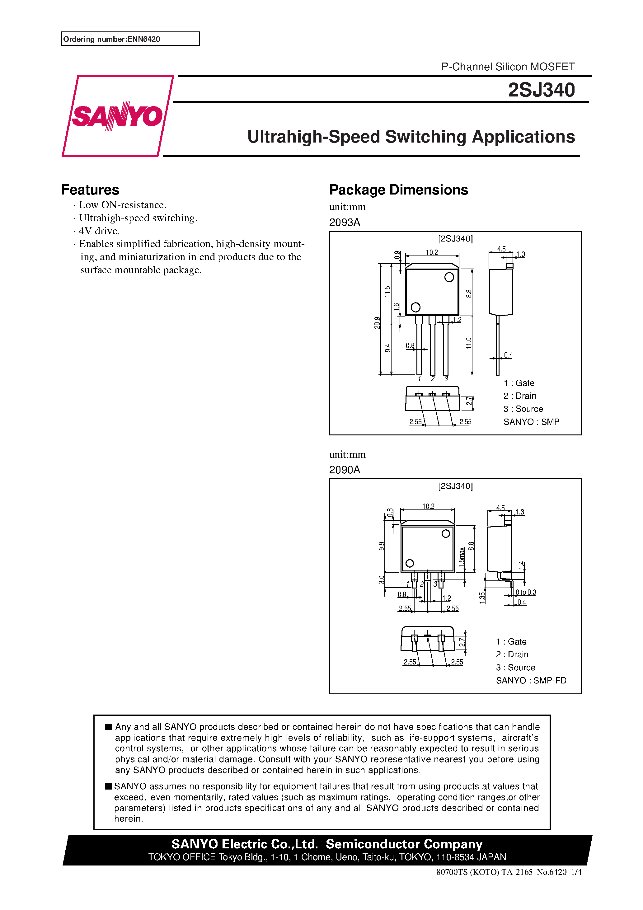 Datasheet 2SJ340 page 1 Datasheet 2SJ340 - Ultrahigh-Speed Switching Applications page 1
