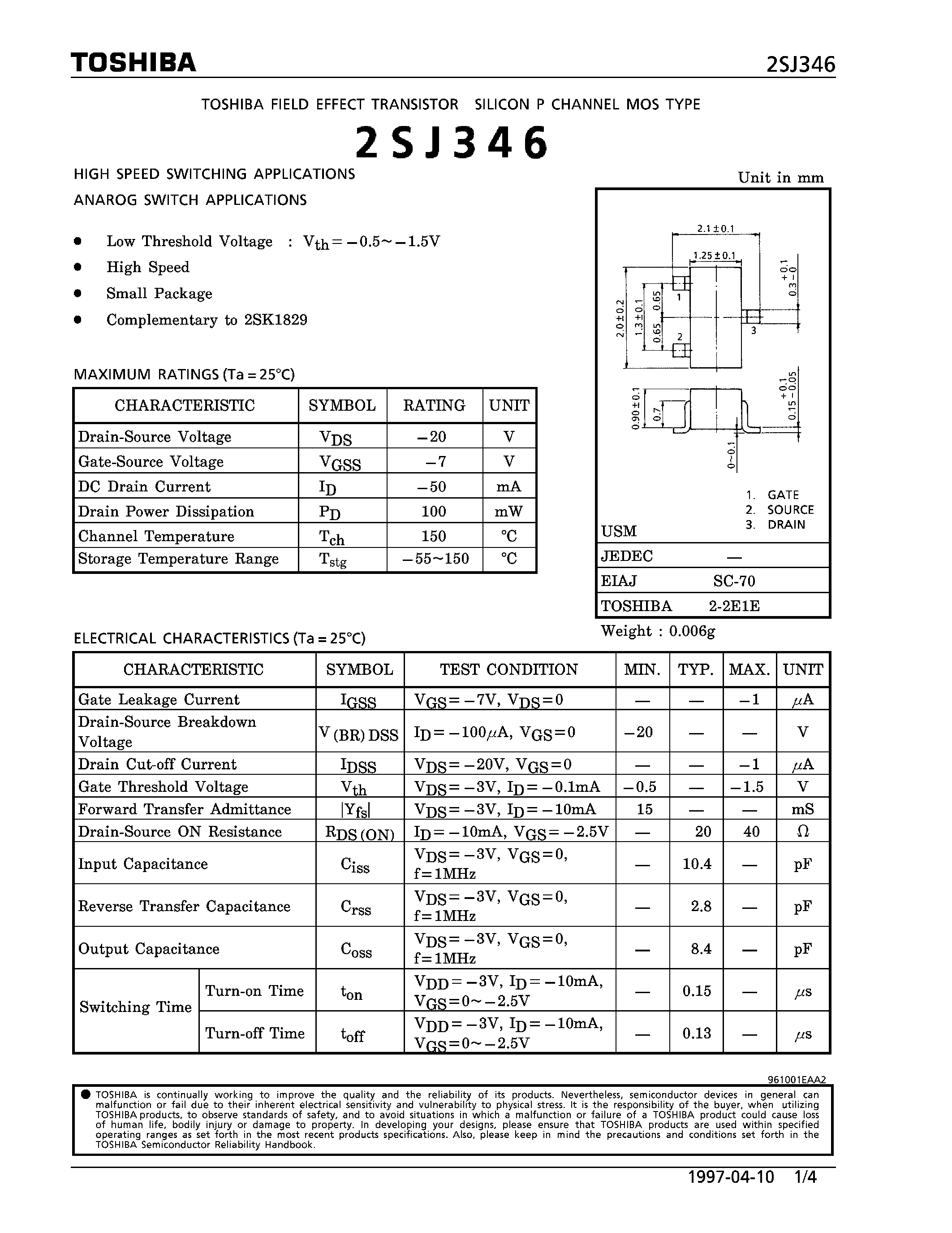 Datasheet 2SJ346 - P CHANNEL MOS TYPE (HIGH SPEED SWITCHING/ ANAROG SWITCH APPLICATIONS) page 1