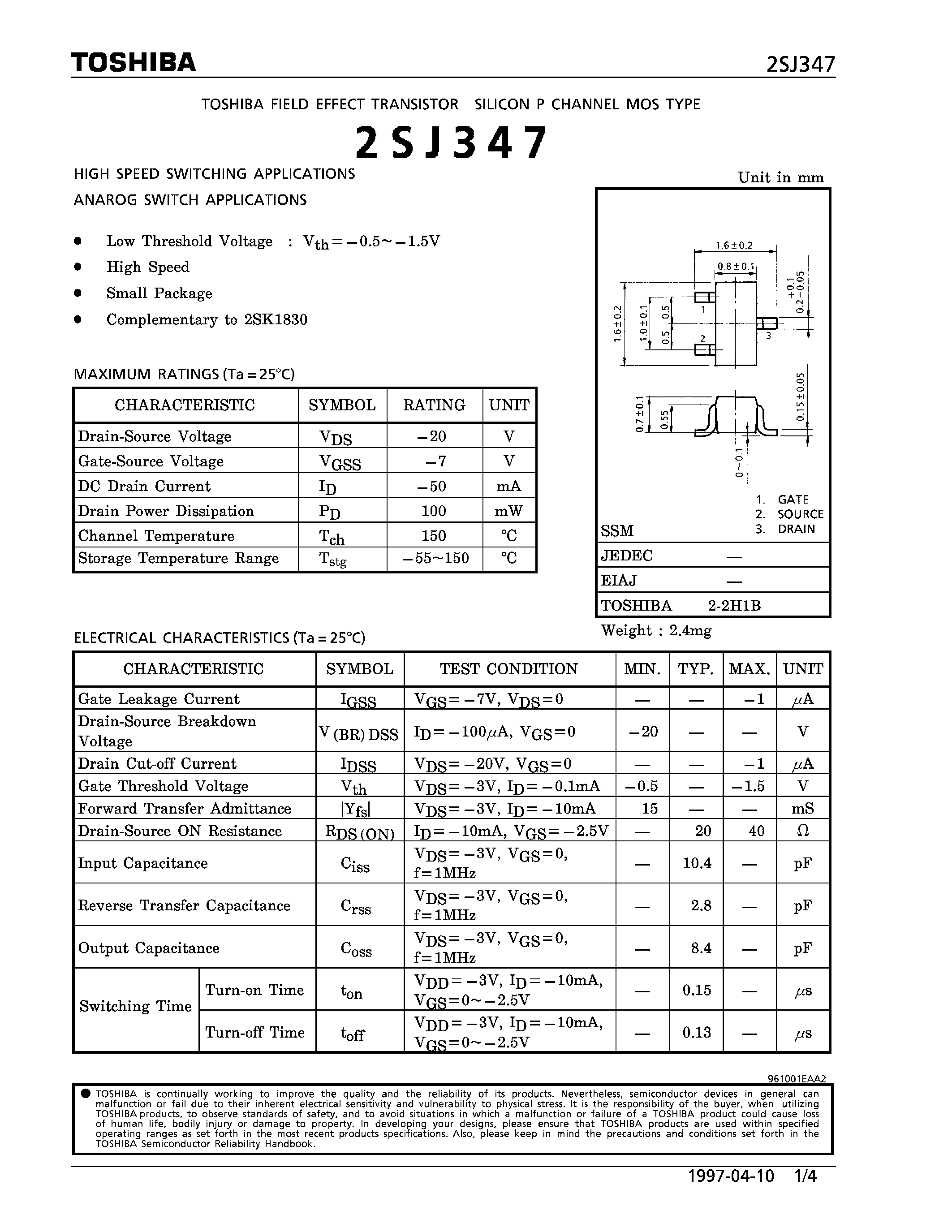 Datasheet 2SJ347 - P CHANNEL MOS TYPE (HIGH SPEED SWITCHING/ ANAROG SWITCH APPLICATIONS) page 1
