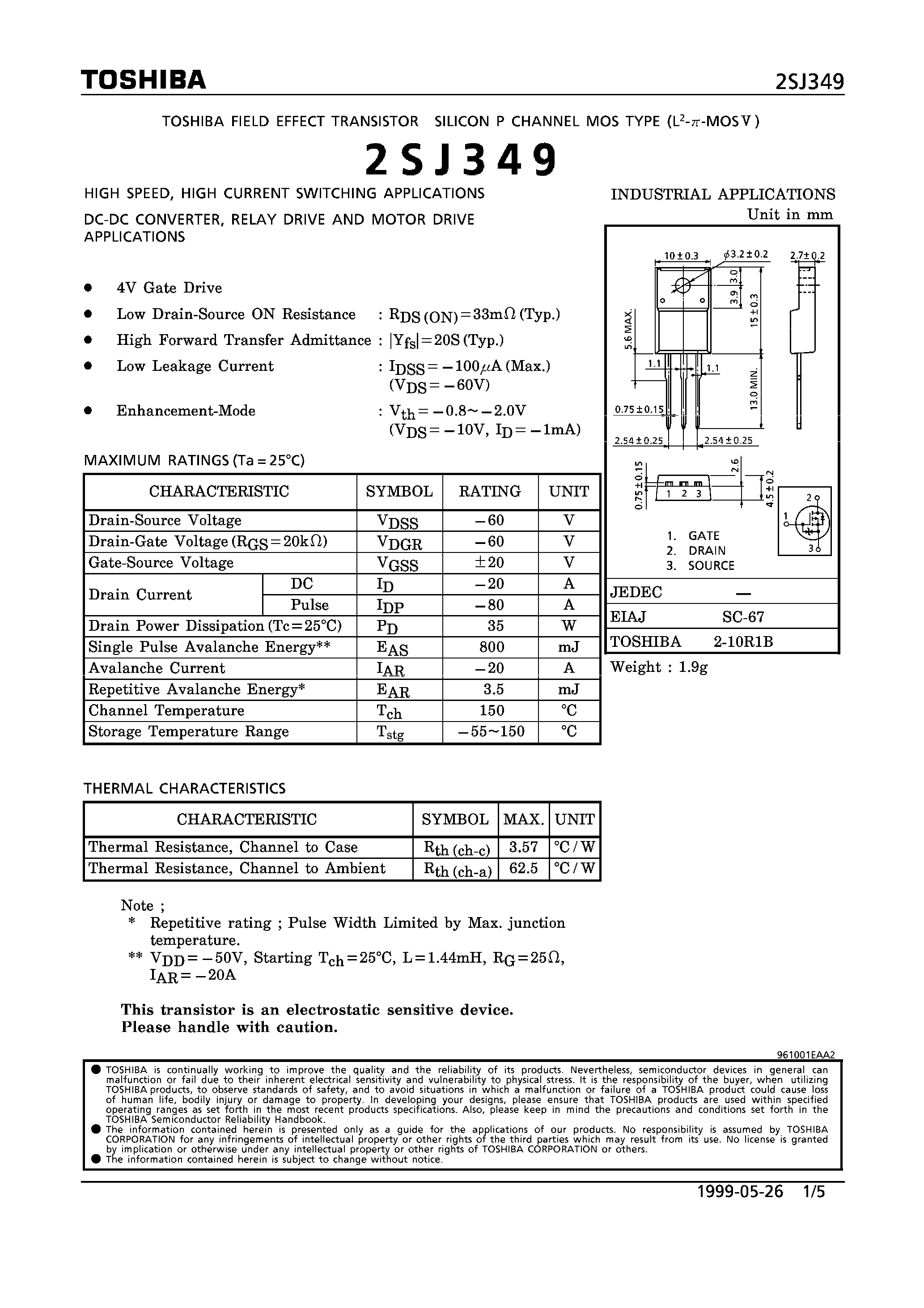 Datasheet 2SJ349 - P CHANNEL MOS TYPE (HIGH SPEED/ HIGH CURRENT SWITCHING/ DC-DC CONVERTER/ RELAY DRIVE AND MOTOR DRIVE APPLICATIONS) page 1