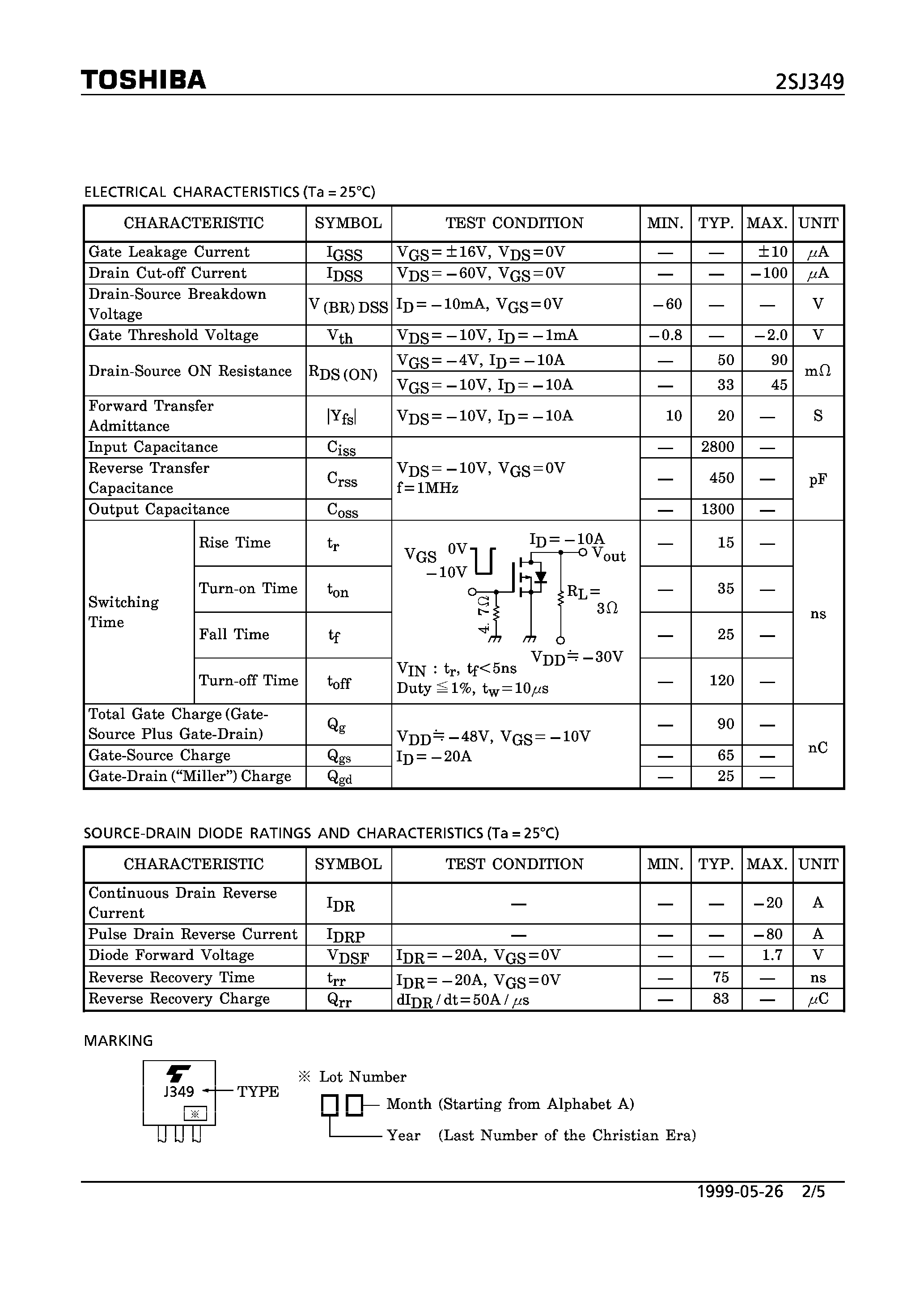 Datasheet 2SJ349 - P CHANNEL MOS TYPE (HIGH SPEED/ HIGH CURRENT SWITCHING/ DC-DC CONVERTER/ RELAY DRIVE AND MOTOR DRIVE APPLICATIONS) page 2