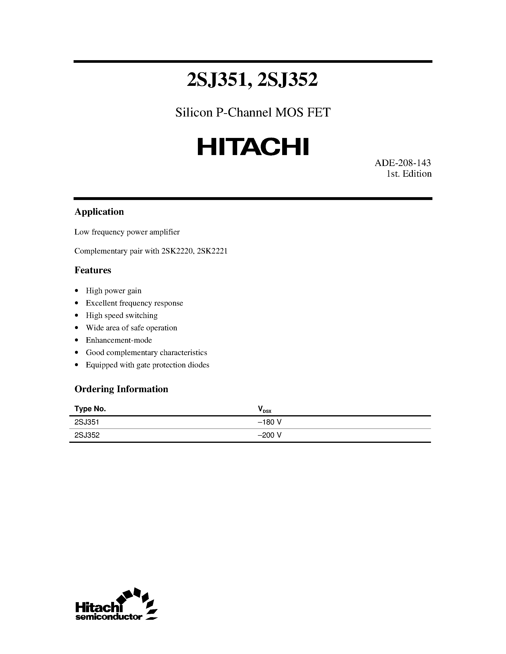 Datasheet 2SJ352 - Silicon P-Channel MOS FET page 1