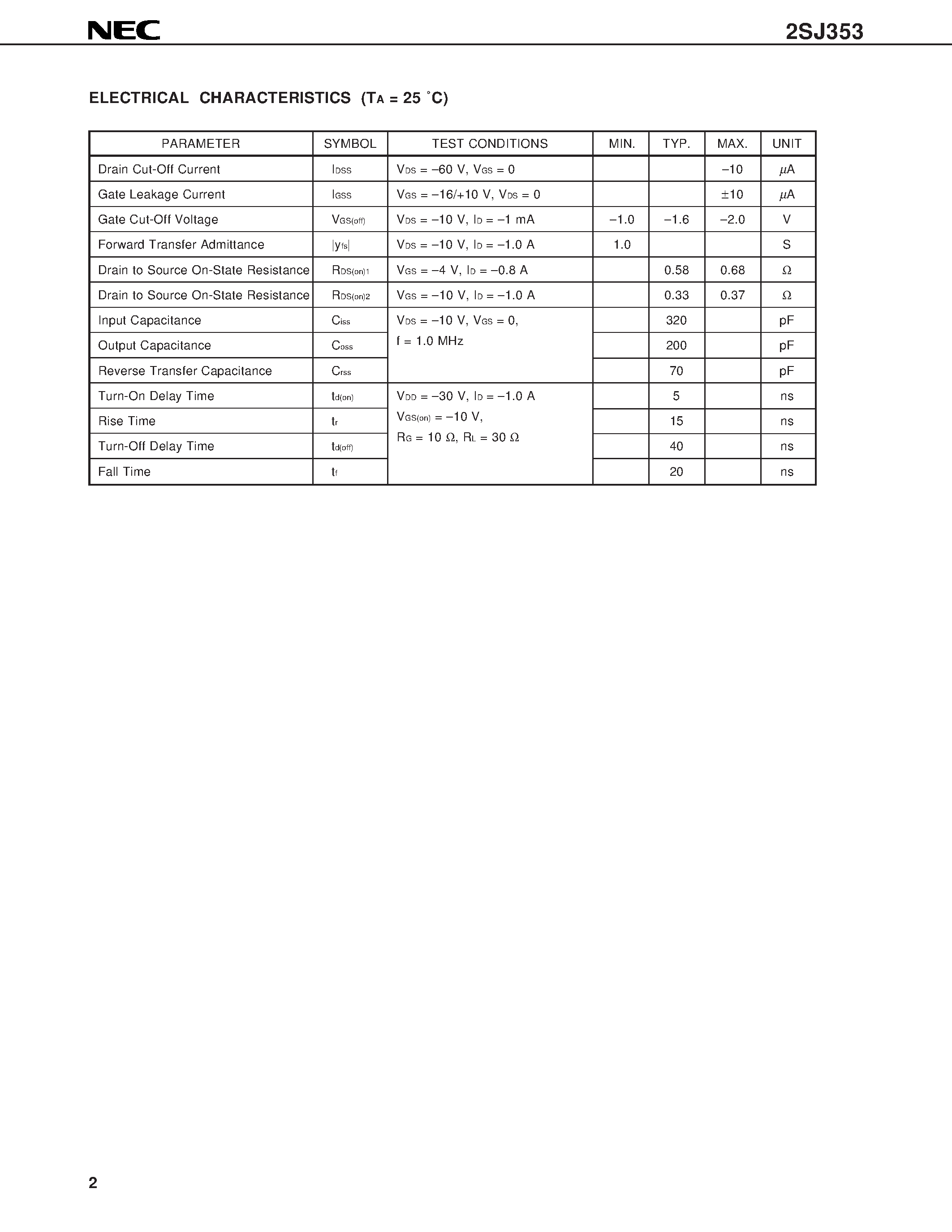 Datasheet 2SJ353 page 2 Datasheet 2SJ353 - P-CHANNEL MOS FET FOR HIGH-SPEED SWITCHING page 2