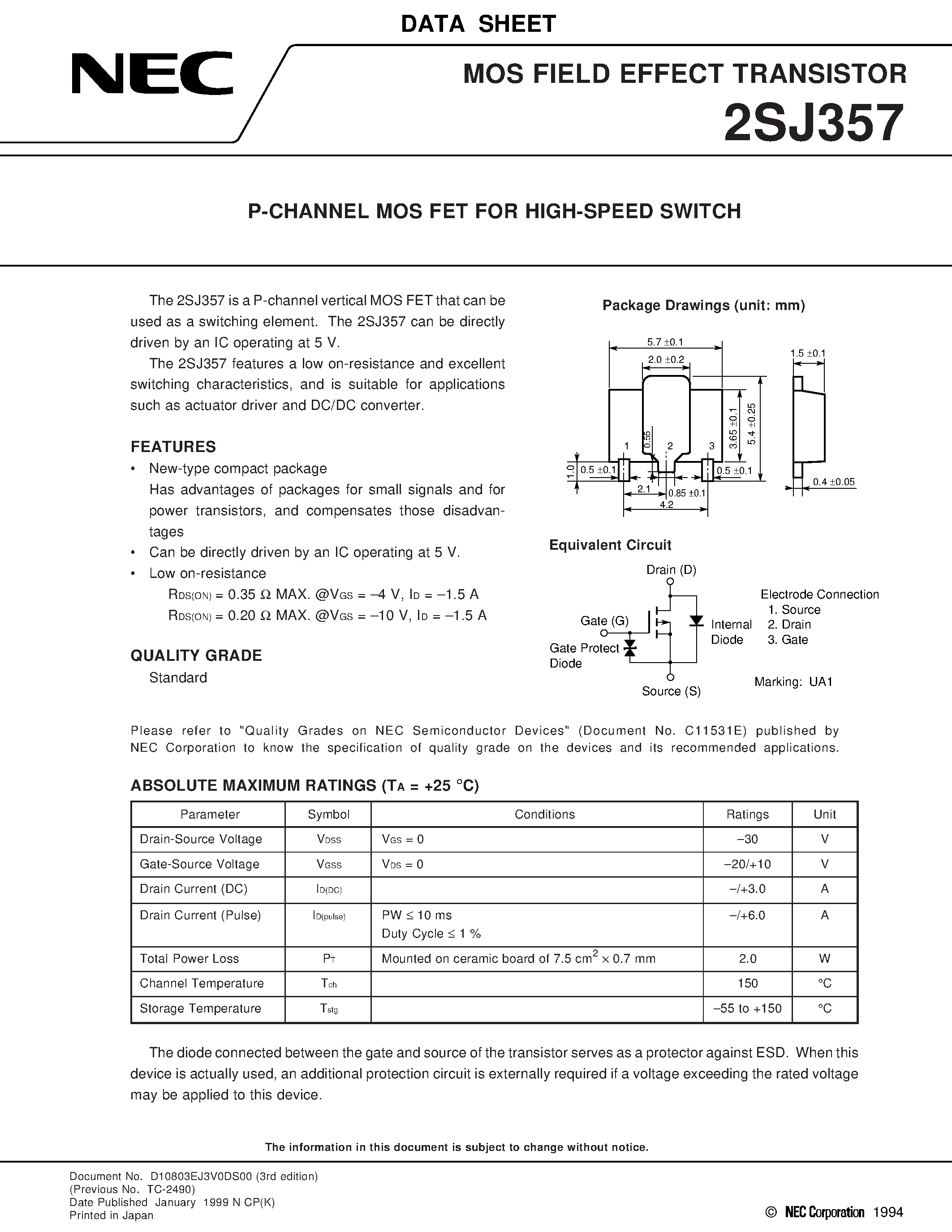 Datasheet 2SJ357 - P-CHANNEL MOS FET FOR HIGH-SPEED SWITCH page 1