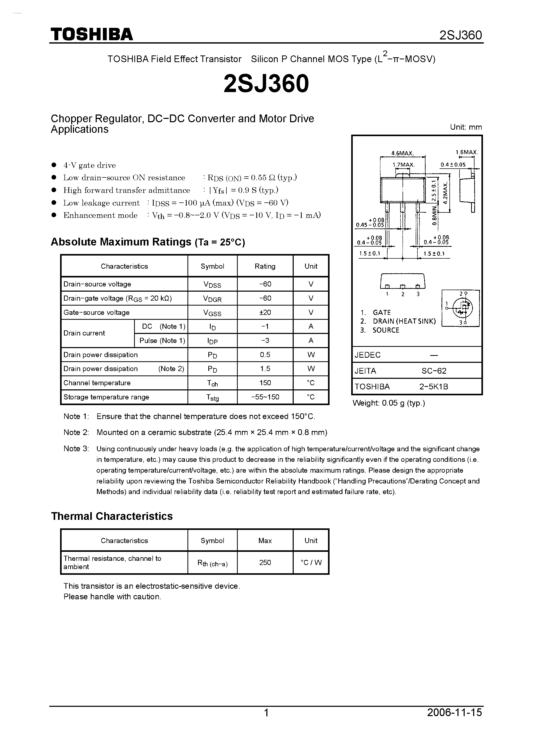 Datasheet 2SJ360 - P CHANNEL MOS TYPE (HIGH SPEED/ HIGH CURRENT SWITCHING/ CHOPPER REGULATOR/ DC-DC CONVERTER AND MOTOR DRIVE APPLICATIONS) page 1
