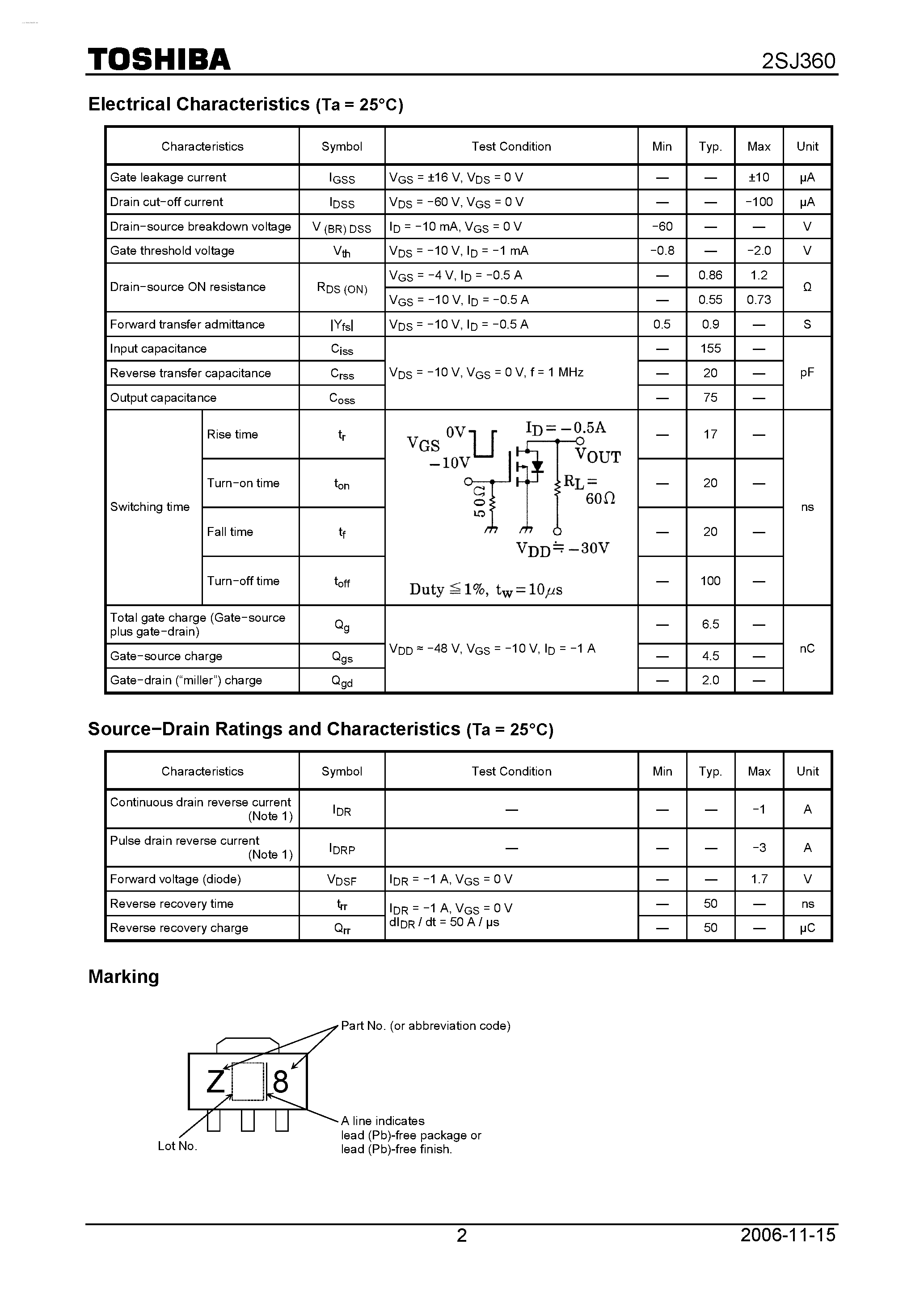 Datasheet 2SJ360 - P CHANNEL MOS TYPE (HIGH SPEED/ HIGH CURRENT SWITCHING/ CHOPPER REGULATOR/ DC-DC CONVERTER AND MOTOR DRIVE APPLICATIONS) page 2
