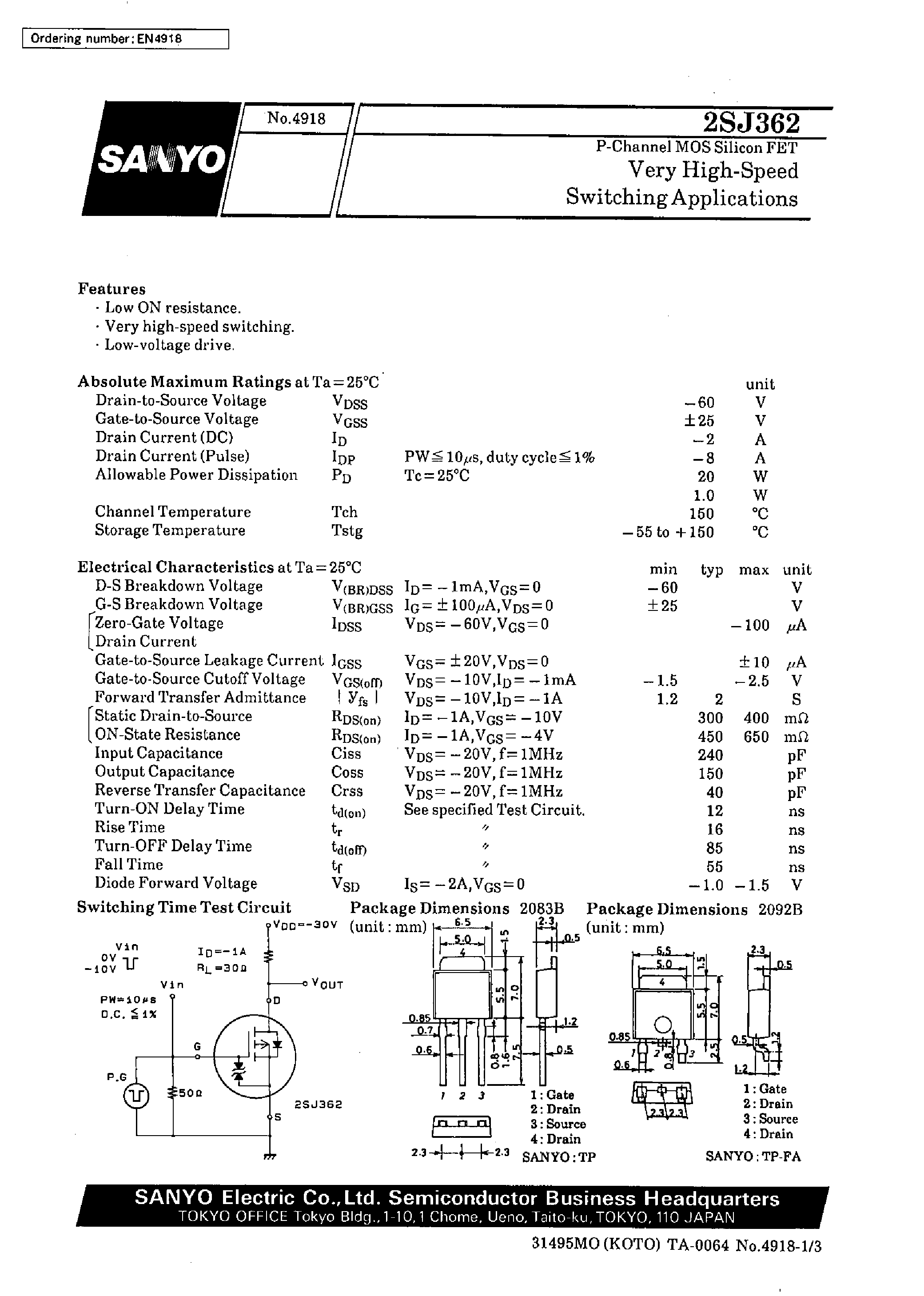 Datasheet 2SJ362 - Very High-Speed Switching Applications page 1