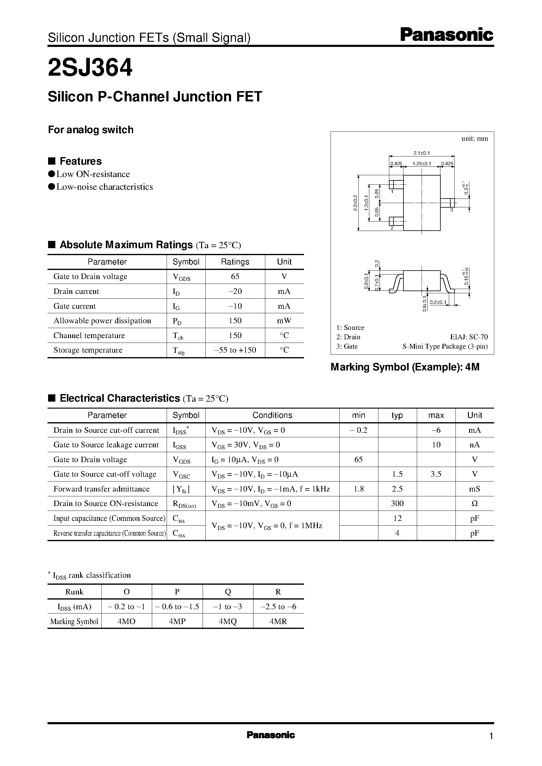 Datasheet 2SJ364 - Silicon P-Channel Junction FET page 1